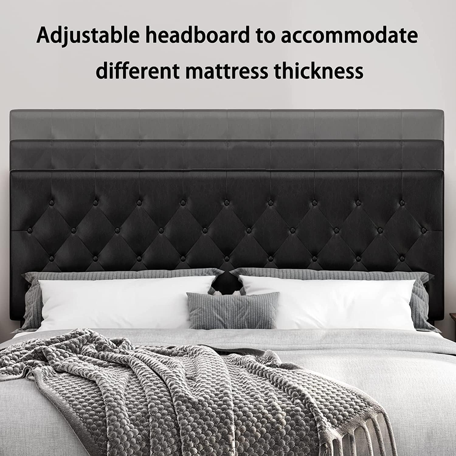 Keyluv Upholstered Full Size Bed Frame with Button Tufted Headboard, Faux Leather Platform Bed with Wooden Slats Support and Metal Frame, No Box Spring Needed, Easy Assembly, Black