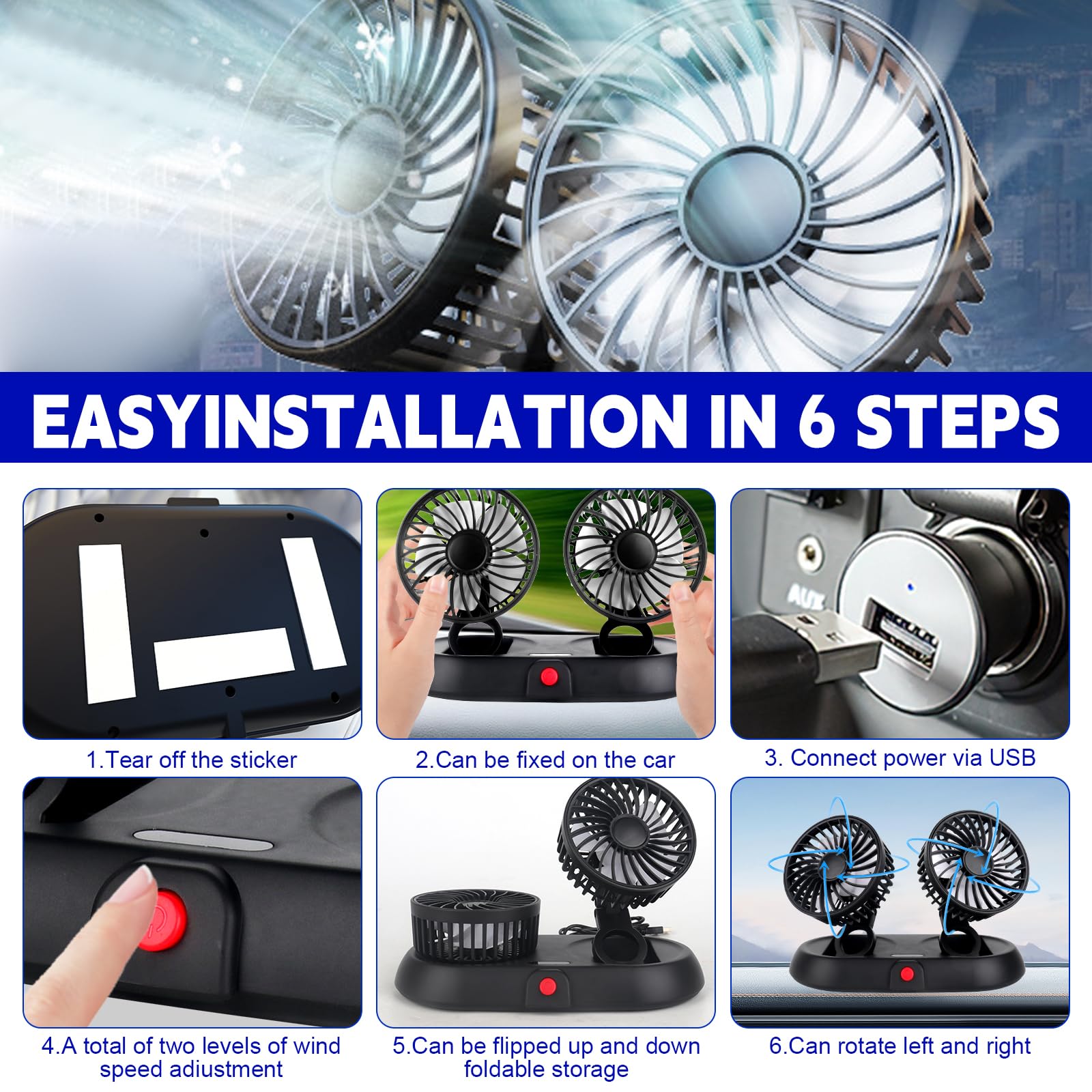 Ventilateur De Voiture, Ventilateur Voiture, Ventilateur Voiture USB, Ventilateur Double Tête, Rotation À 360°, 3 Modes De Puissance Réglables, Pour Voiture, Van, SUV, RV, Bateau (2-Tête)