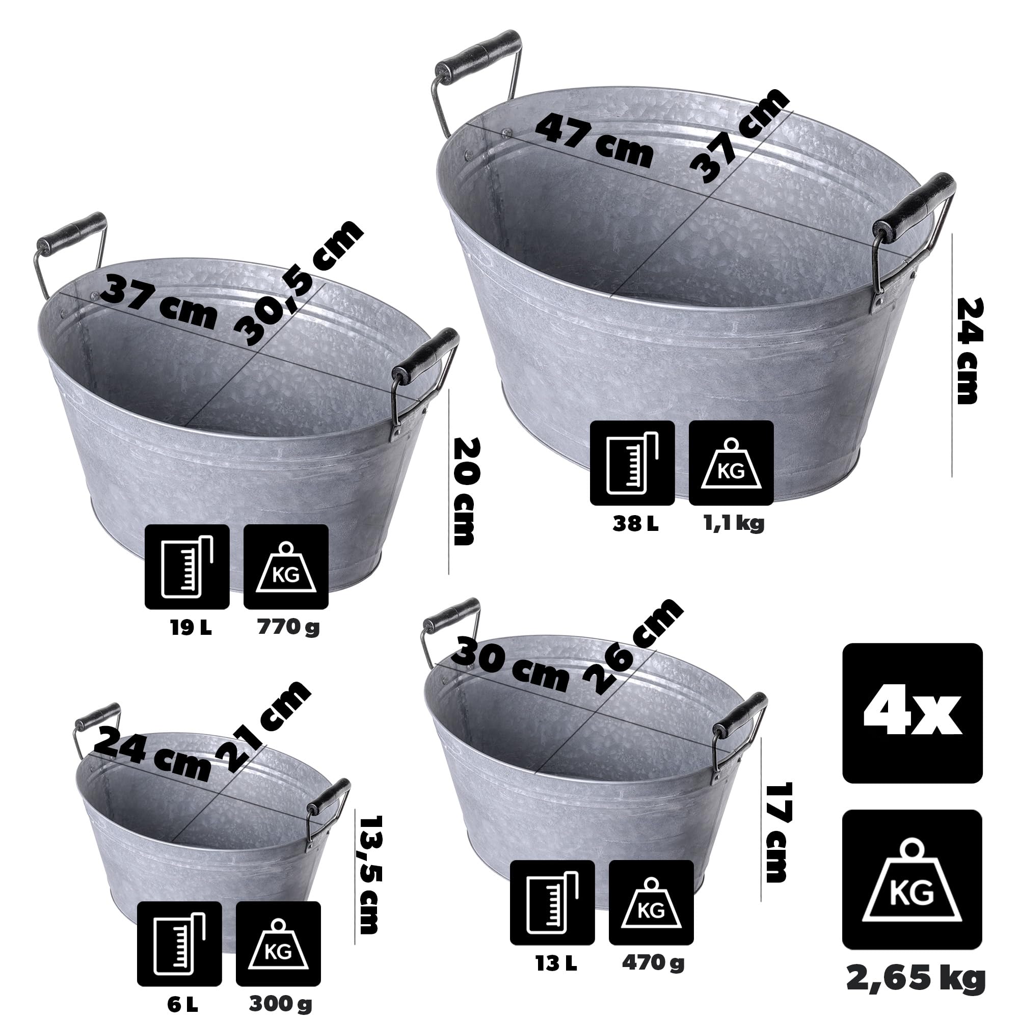 KADAX Lot de 4 bacs en zinc en 4 tailles : 6 l, 13 l, 19 l et 38 l, bac à plantes en acier galvanisé, idéal comme étang de jardin, bac à fleurs et seau à boissons (argenté)