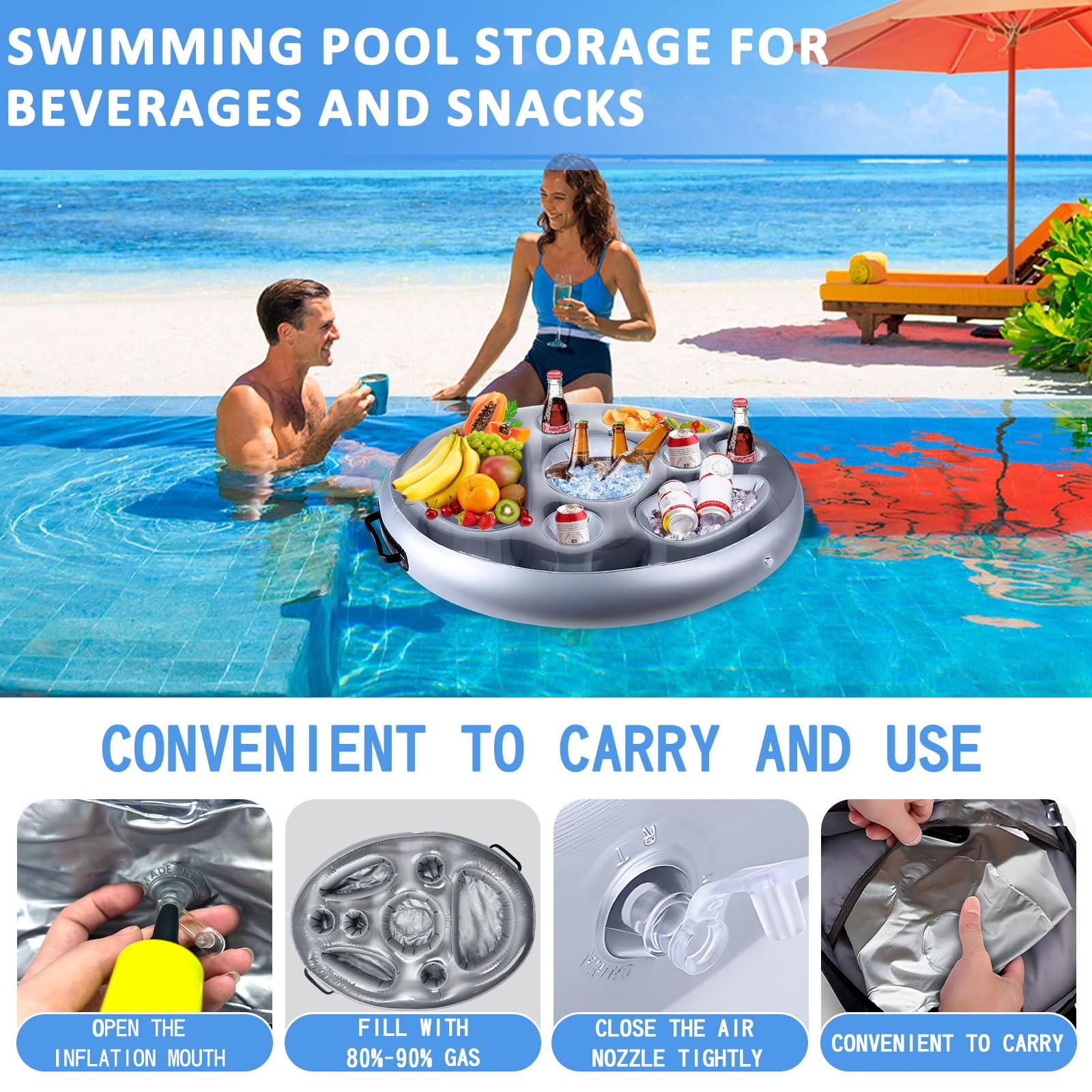 Amzeeniu Portabibite Gonfiabile Portabevande 2-in-1 e Porta Snack Bar Piscina Portabottiglie Galleggiante PVC Portabottiglie Gonfiabile Galleggiante Festa in Piscina Estiva