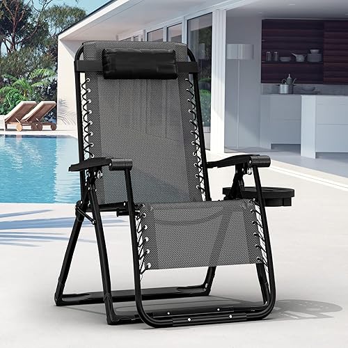 Miniatura 7 de Elevens Silla de gravedad cero de gran tamaño, silla reclinable de 28 pulgadas para patio con cojín y bandeja extraíbles, reposacabezas ajustable