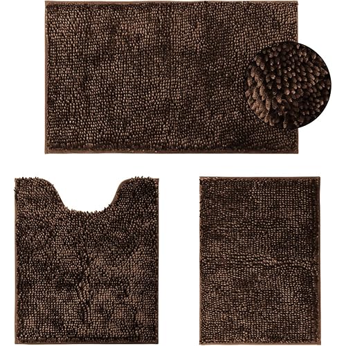 HOMEIDEAS 3 Pieces Bathroom Rugs Set, Velvety-Soft Non Slip Butter Chenille Bath Rugs, 3X Absorbent Spa Shaggy Bath Mat, Luxury Shiny Brown Bathroom Rugs Plush Bathroom Mats for Tub, Shower, Bathroom