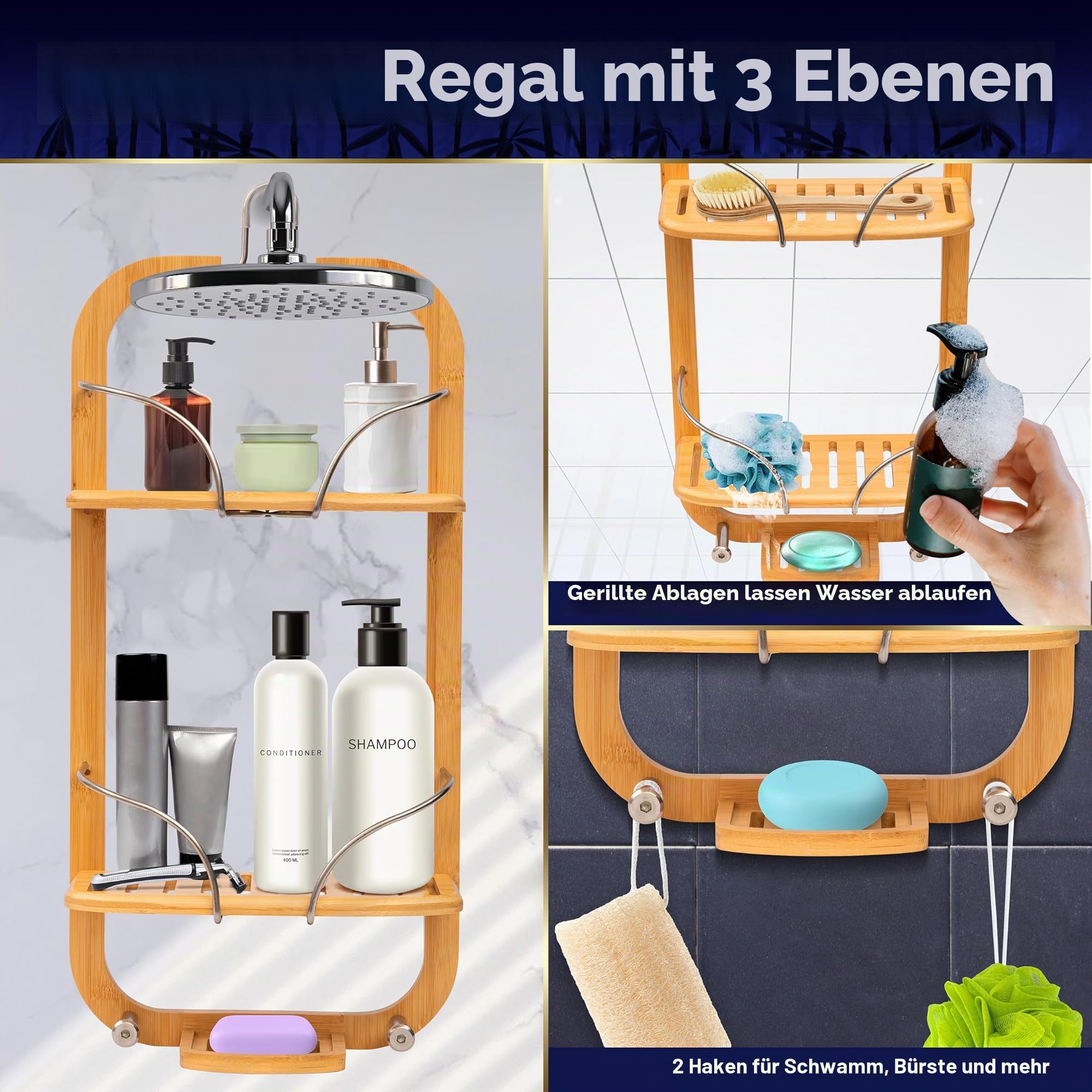 SereneLife Duschablage zum Hängen, Shampoo Halterung für Dusche aus Bambus, Duschregal ohne Boren, 3-stöckig Duschkorb zum Hängen, Hängeregal Bad mit 62.5cmH, Duschorganizer mit Lackierte Oberfläche