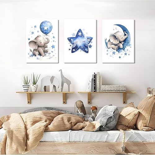 Miniatura 7 de Juego de 3 lienzos de pared en lienzo para el cuarto del bebé, elefante azul, luna y estrellas, pintura para decoración de pared, bonitos pósteres