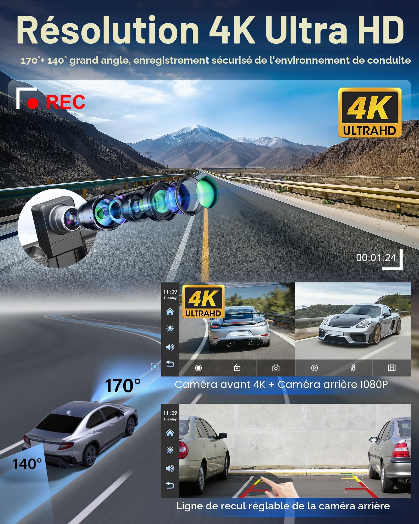 11,26 Pouces Ecran Carplay Voiture, 4K Ecran Voiture avec Caméra Frontale 350° Carplay Android Auto Car Play Voiture pour Siri G-oogle Navigation GPS