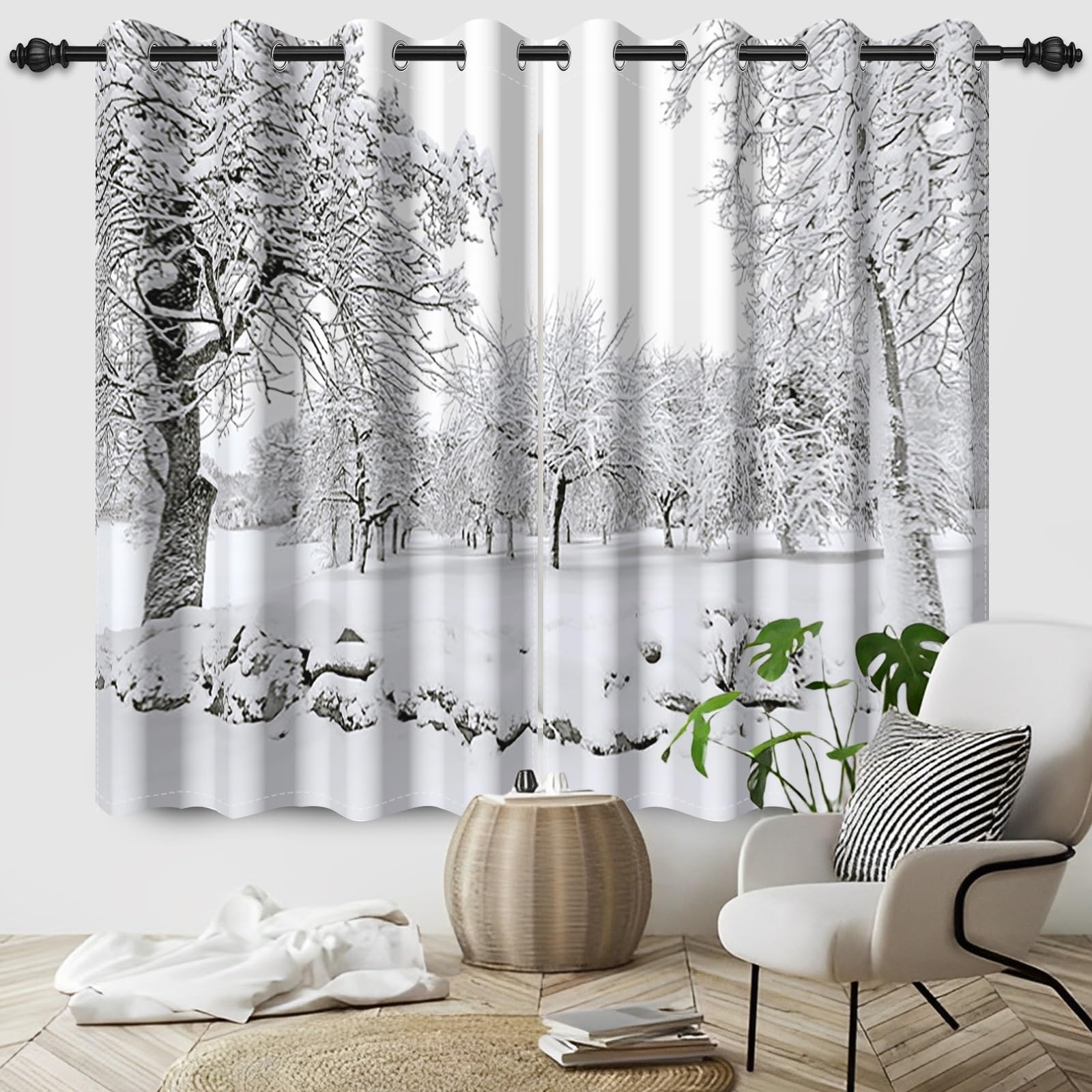 Gardinen Weiß, Vorhänge Waldmotiv Weihnachten Schneeflocke Landschaft Thermogardinen Blickdicht mit Ösen Verdunklungsvorhänge für Wohnzimmer Schlafzimmer Kinderzimmer, 2er Set, 140Bx225Hcm