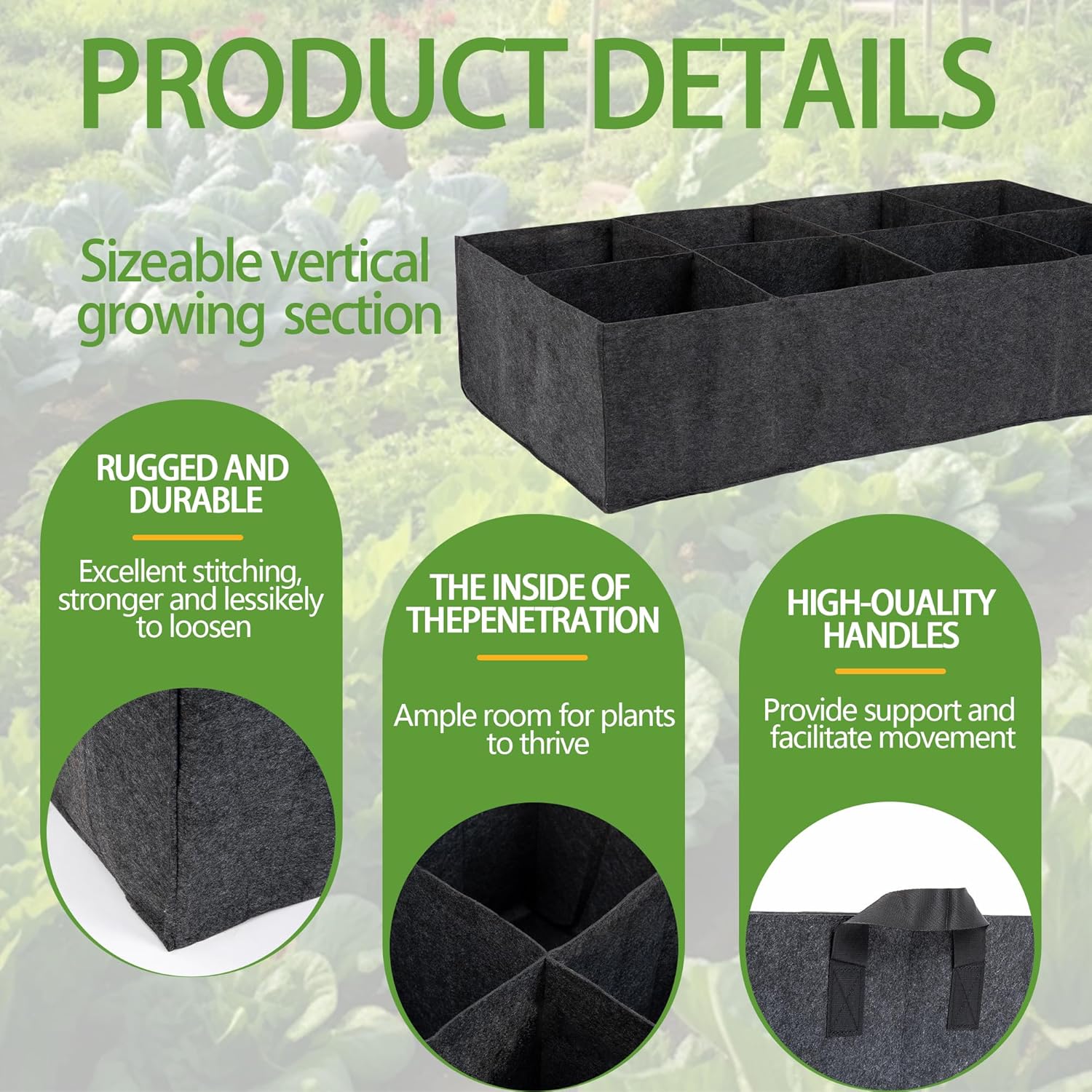 2-Pack 2 Grids Fabric 10 Gallon Grow Bags, 2x1x1ft Thickened 400G Nonwoven Fabric Raised Garden Beds with Handles - Indoor Outdoor Planters for Vegetables, Herbs, Flowers - Image 3
