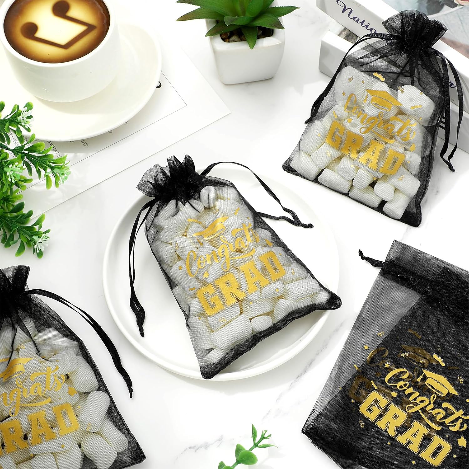 FYSUIMU 120 Pcs Graduation Party Favors Bags Black Gold Organza Drawstring Bag Congrats Grad Decorative Jewelry Candy Treat Bags for Party Favors Supplies