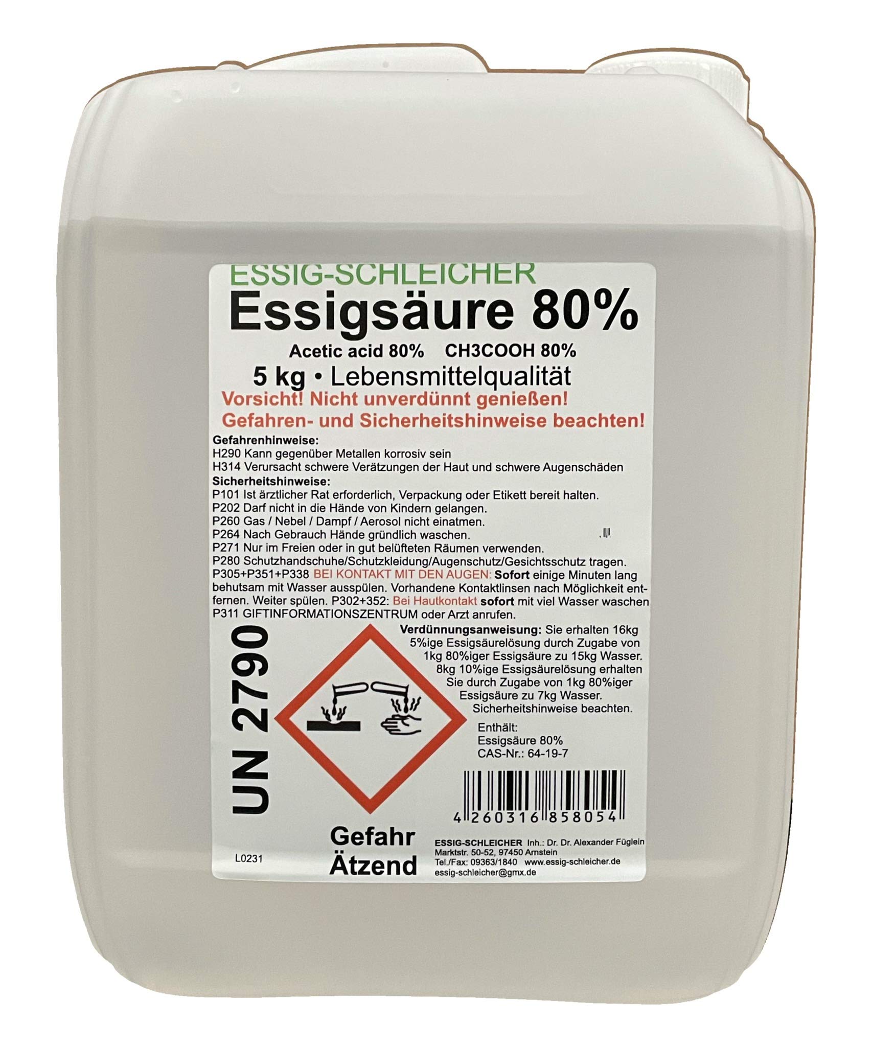 Schleicher’s Essigsäure 80% Lebensmittelqualität 5 kg Kanister