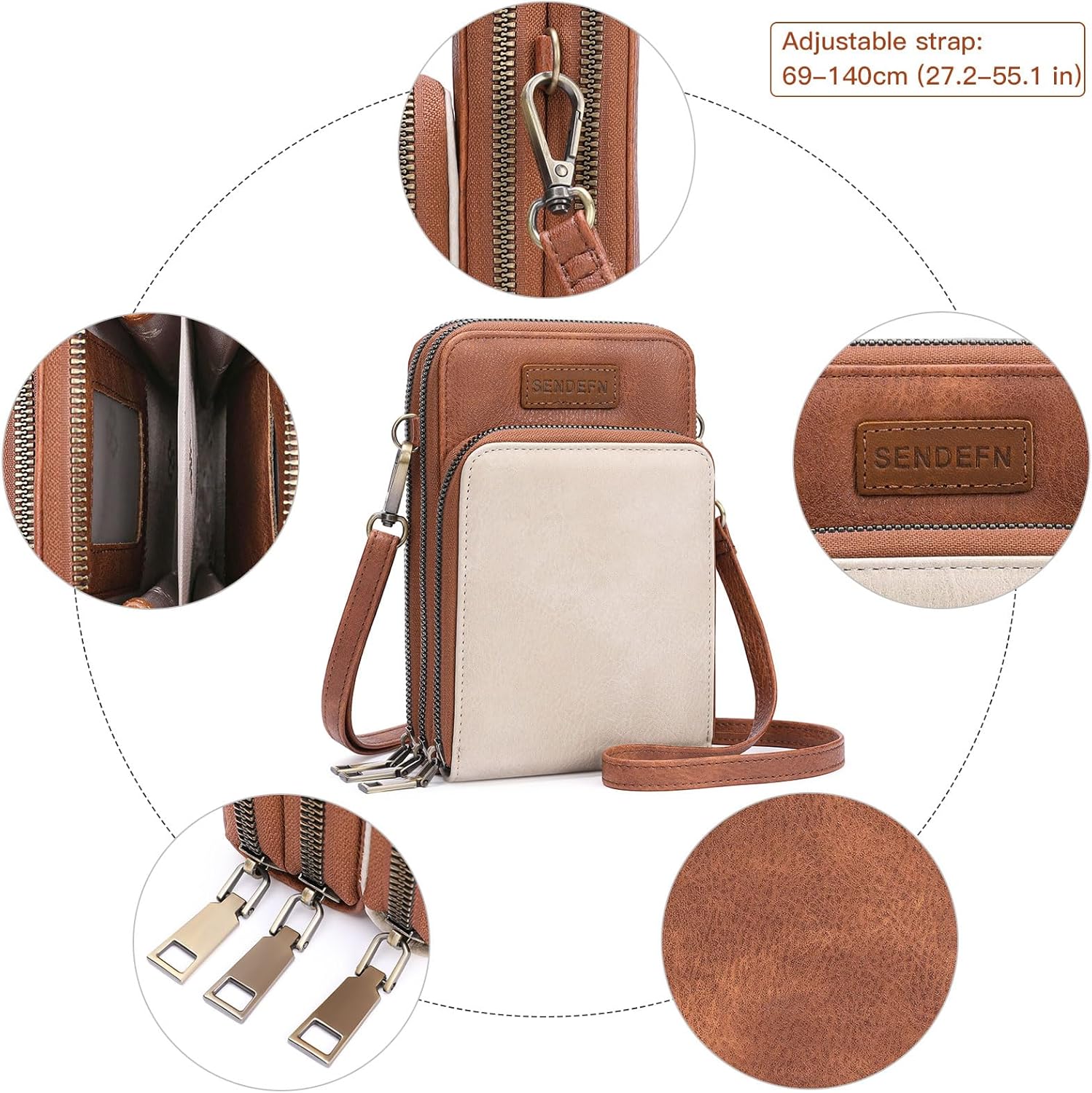 SENDEFN Small Leather Crossbody Bag for Women Cell Phone Crossbody Purse Bags with Shoulder Strap with 4 Card Slots