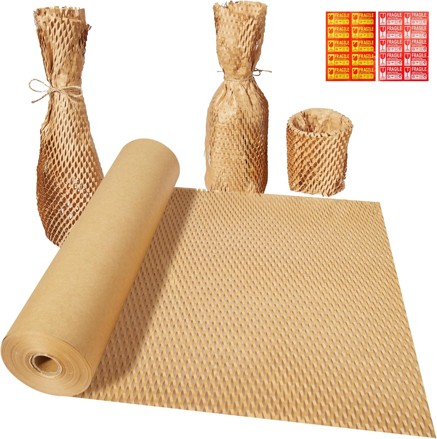 Syntus Honeycomb Packing Paper, 15" x 230' Cushion Bubble Packing Paper for Moving Shipping Packaging, Recyclable Moving Supplies Wrap Paper Roll with 20 Fragile Sticker Labels