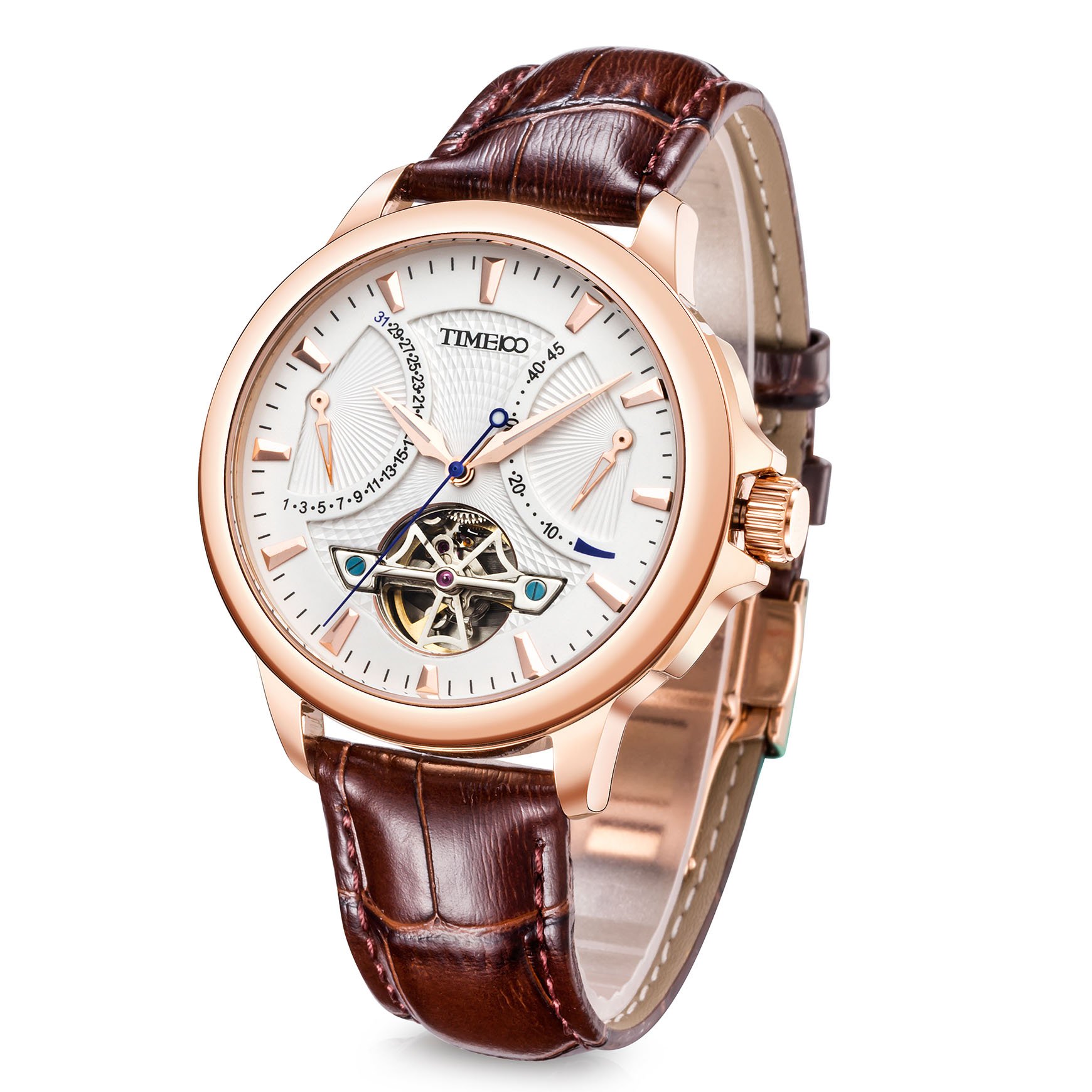 TIME100Men's Sun&Moon Phase Taichi Navigator-Series Tourbillon-Style Brown Black Leather Strap Mechanical Self Wind Steel Skeleton Watch Last Order Date for Christmas Gifts