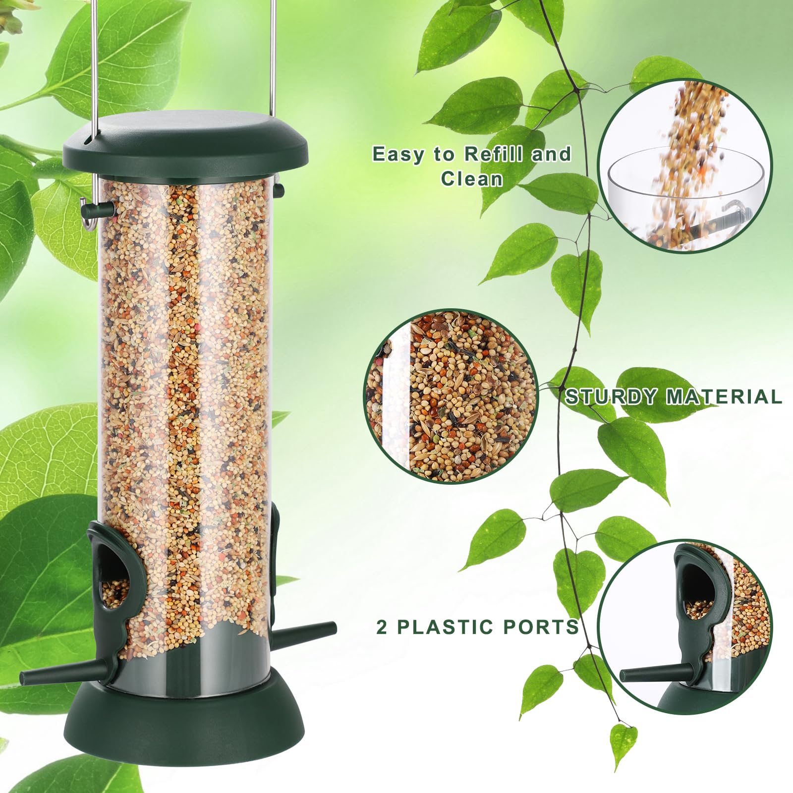 FEED GARDEN Confezione da 2 mangiatoie per uccelli da appendere all'aperto, 4 porte, in plastica rigida di alta qualità, antiruggine, coperchio e base in metallo resistente, idea regalo, 21 cm, verde
