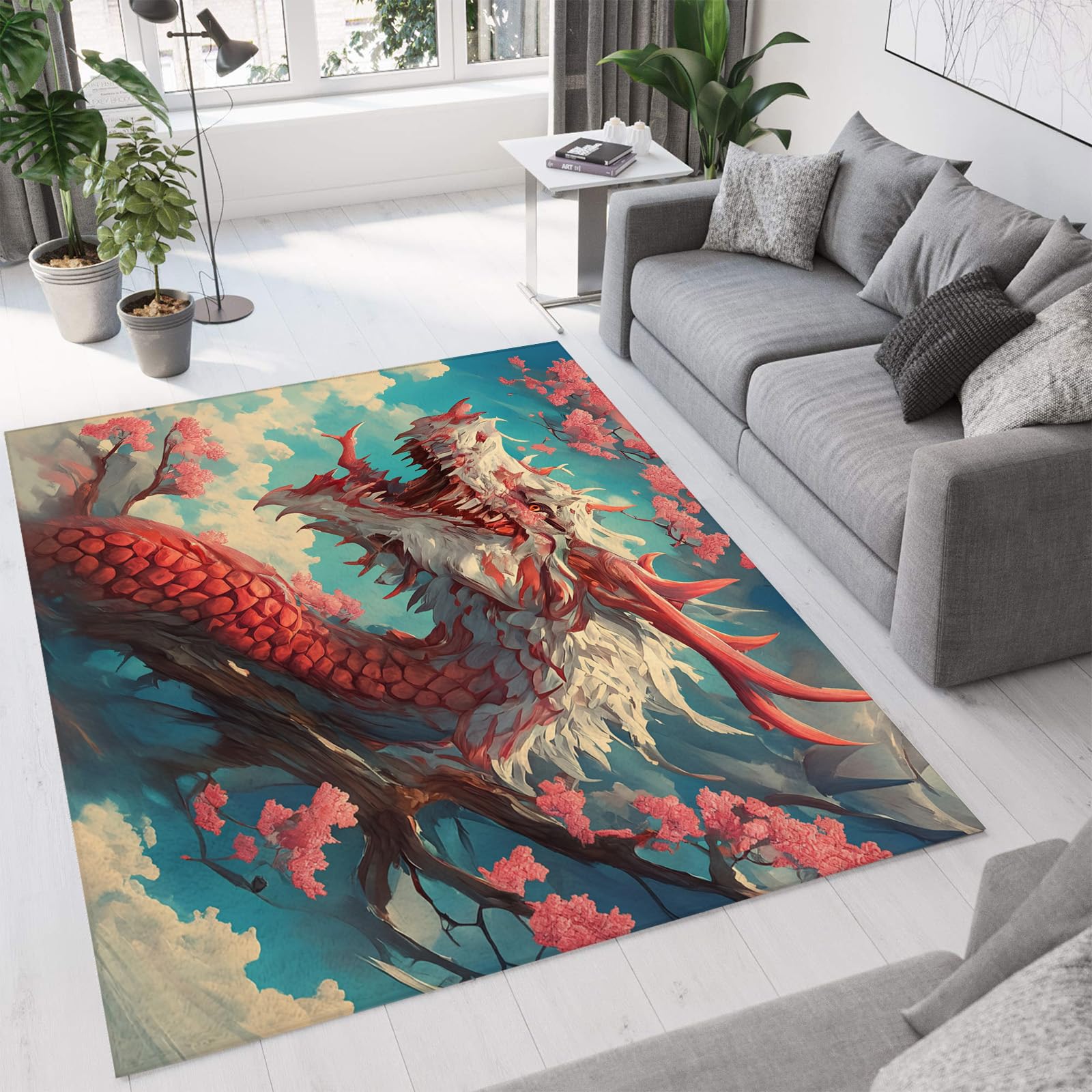 Tapis motif peinture abstraite rouge corail tapis lavable dos antidérapant