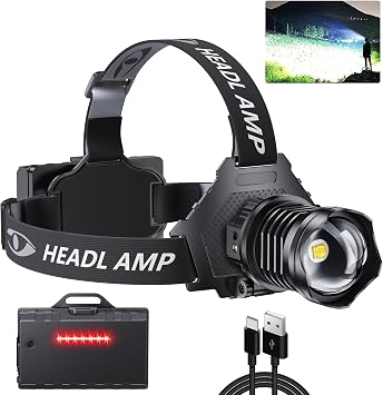 AMAKER LED Rechargeable Headlamp, High Lumens Super Bright with 5 Modes & IPX7 Level Waterproof USB Rechargeable Zoom Headlamp, 90 Adjustable for Outdoor Camping, Running, Cycling, Climbing