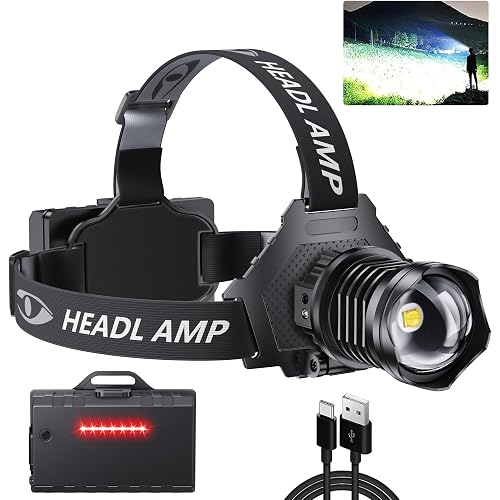 AMAKER LED Rechargeable Headlamp, High Lumens Super Bright with 5 Modes & IPX7 Level Waterproof USB Rechargeable Zoom Headlamp, 90° Adjustable for Outdoor Camping, Running, Cycling, Climbing