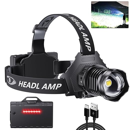 AMAKER LED Rechargeable Headlamp, 90000 Lumens Super Bright with 6 Modes & IPX7 Level Waterproof USB Rechargeable Zoom Headlamp, 90° Adjustable for Outdoor Camping, Running, Cycling,Climbing,Etc.