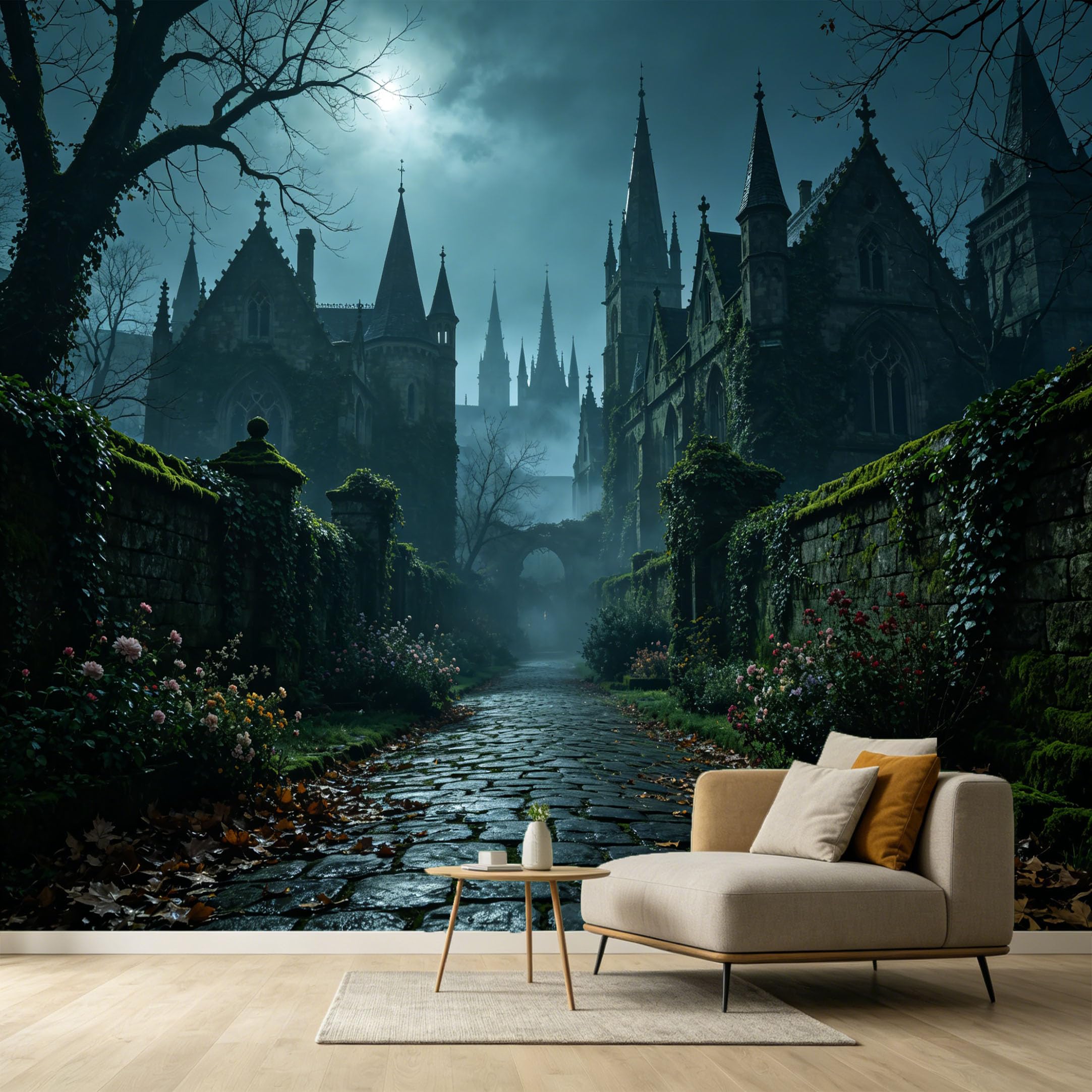 Custom Size Wall Murals Gothic Castle Architecture Foggy Moonlight Vintage Stone Path SelfAdhesive Wall Fabric Removable Large Wallpaper for Photo Living Room