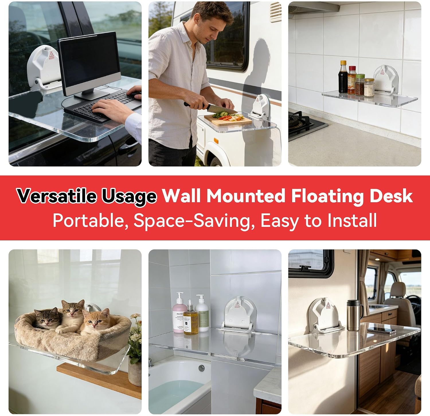 Foldable Wall Mounted Floating Desk - No Drilling Needed Small Wall Table Folding Shelf, Portable Floating Countertop for RV, Camping Picnic, Home Office, Kitchen, Bedroom, Laundry Room