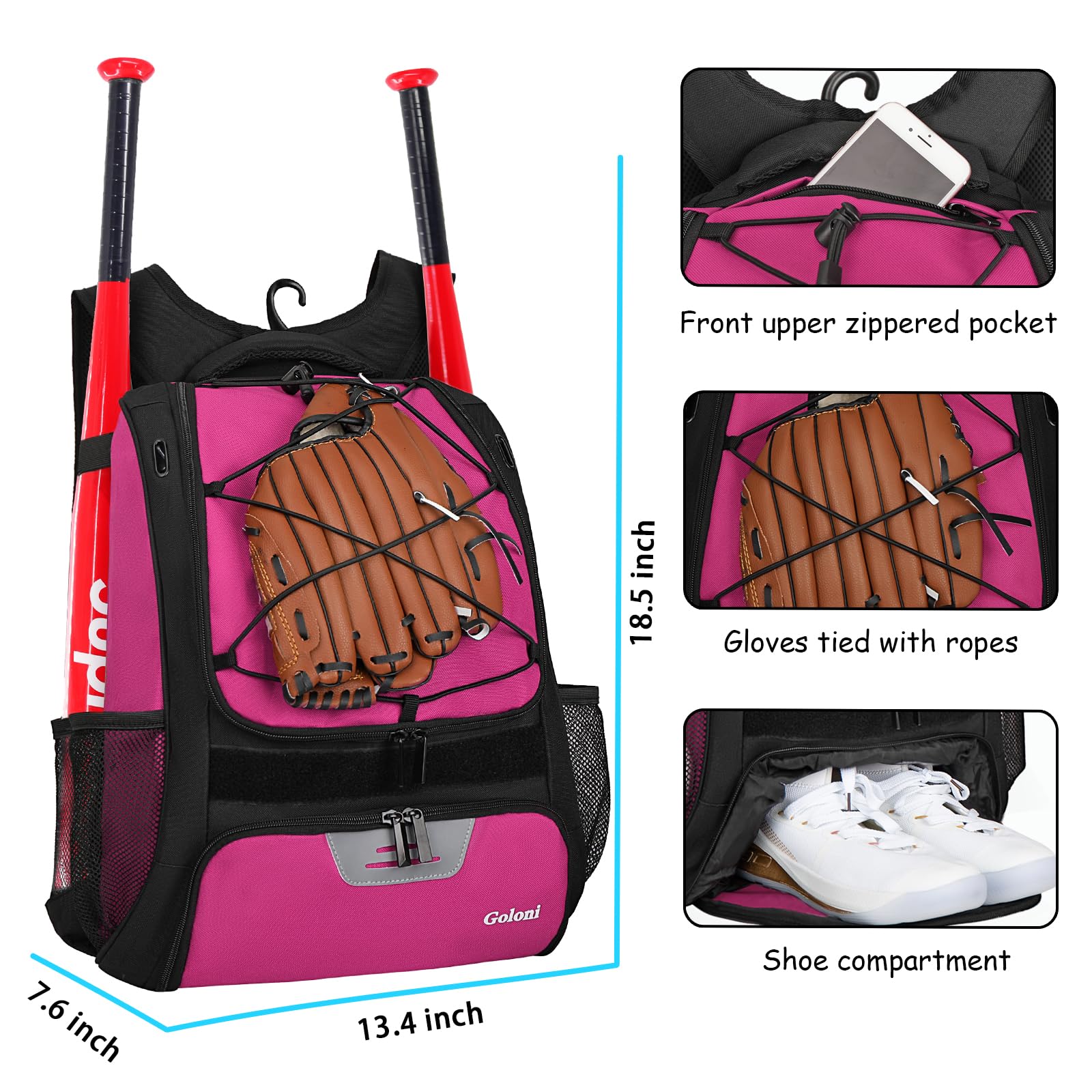 Goloni Youth Baseball Bag,Softball Bag with Shoes Compartment,Baseball Backpack with Fence Hook for TBall Bat & Equipment