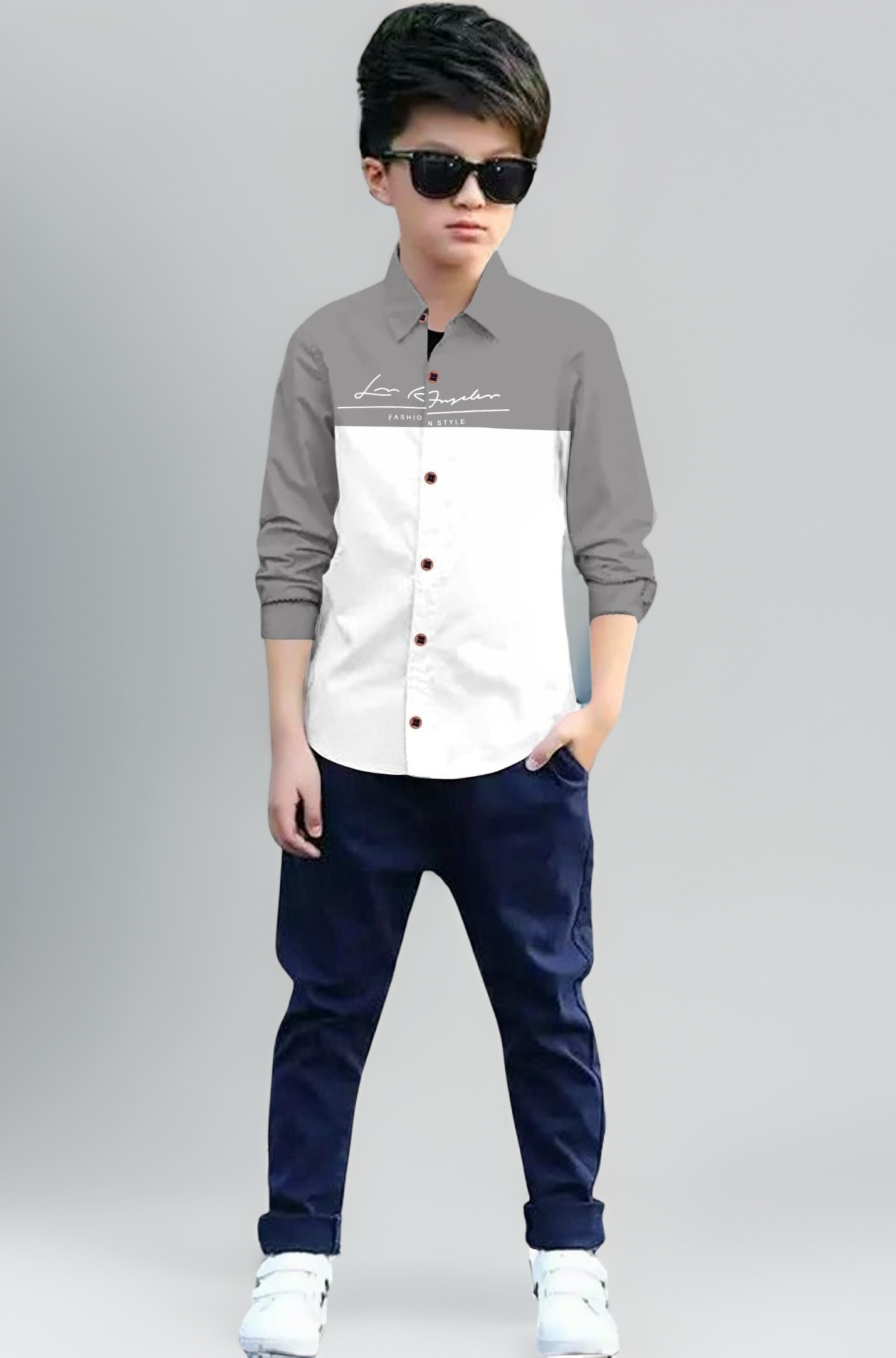 Zilcon Boys Half & Half Long Sleeve Shirts Classic Collared Button-Down Tshirt Solid Cotton Letter Printed Kids & Junior Boys Shirt