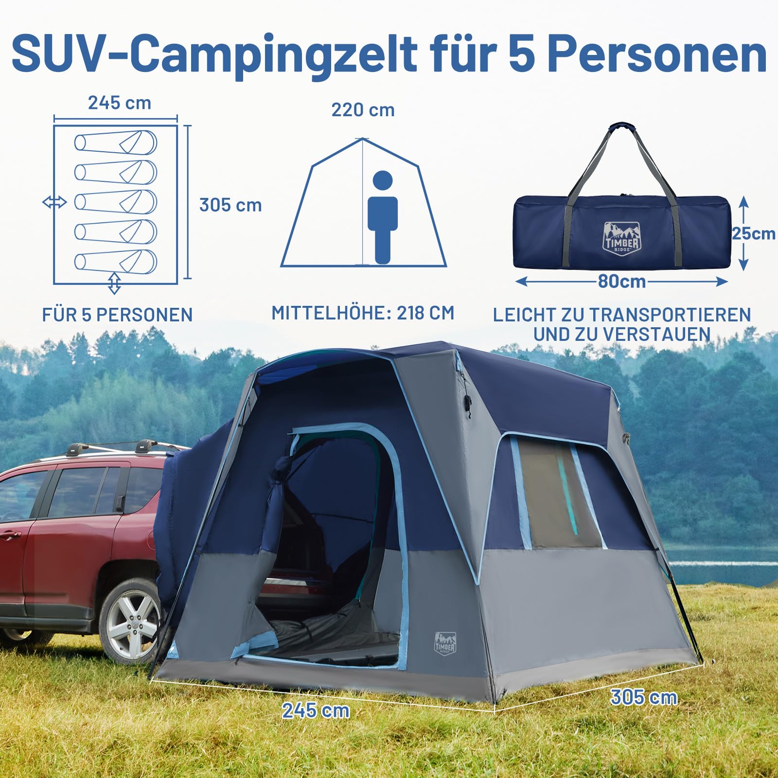 TIMBER RIDGE Heckzelt Auto 4-5 Personen Autozelt Heckklappe 2000 mm Wasserdicht Camping Zelt SUV für Wohnwagen Familie Reise 305cmx245cm