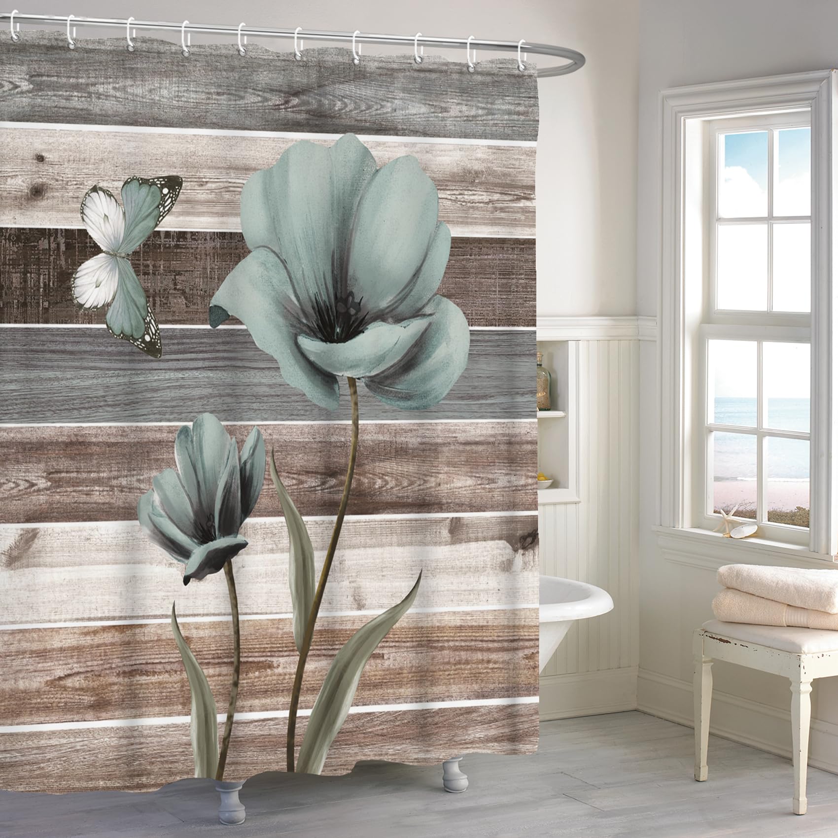 Rideau de douche rustique en bois lavable et imperméable avec anneaux