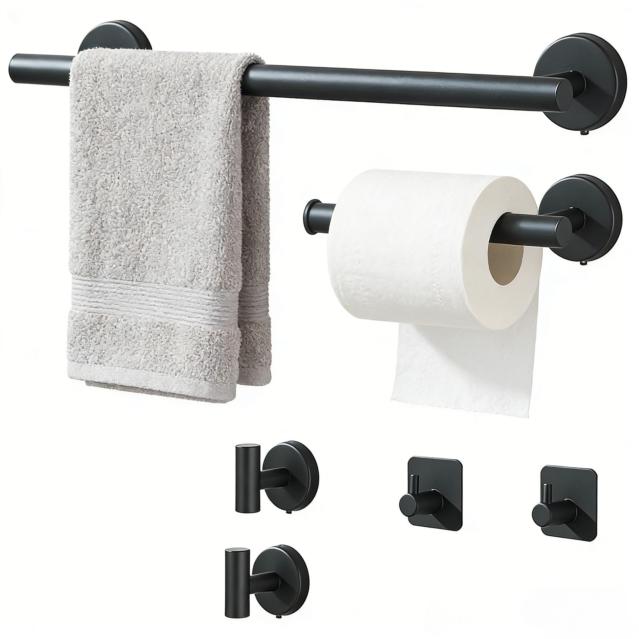 Black Bathroom Hardware Set 6-Piece Bathroom Accessories Accessory Bars Set With 40CM Towel Rail Toilet Paper Holder, 2 Wall Hooks, 2 Robe Hooks 304 Stainless Steel Screw-Fixed Wall Mounted