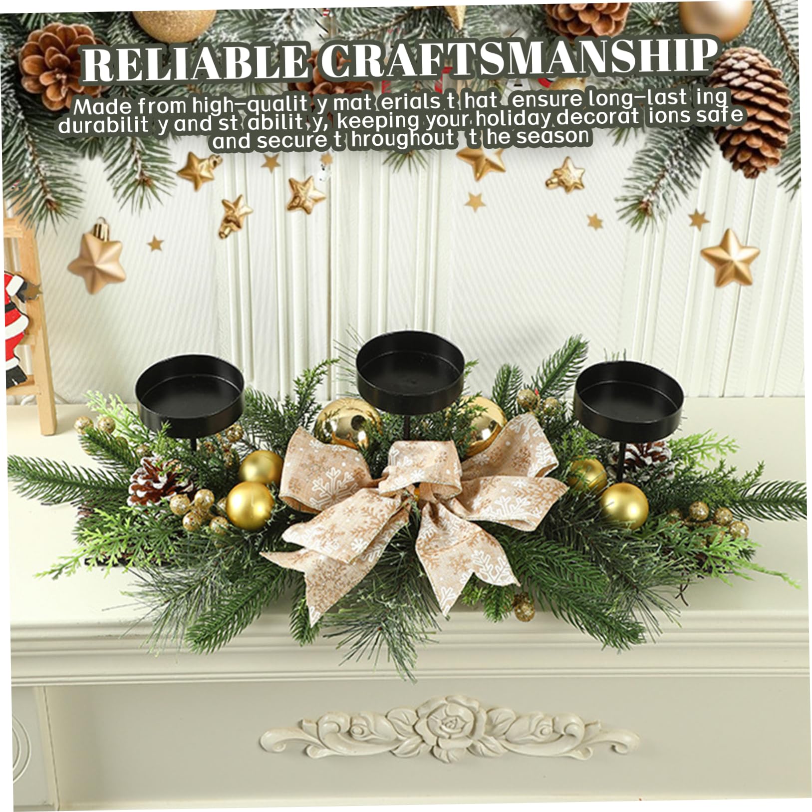 Centros de Mesa navideños, portavelas navideño con 3 bandejas, centros de Mesa con Lazo, Adornos, Bayas y Agujas de Pino para Fiestas, Decoraciones