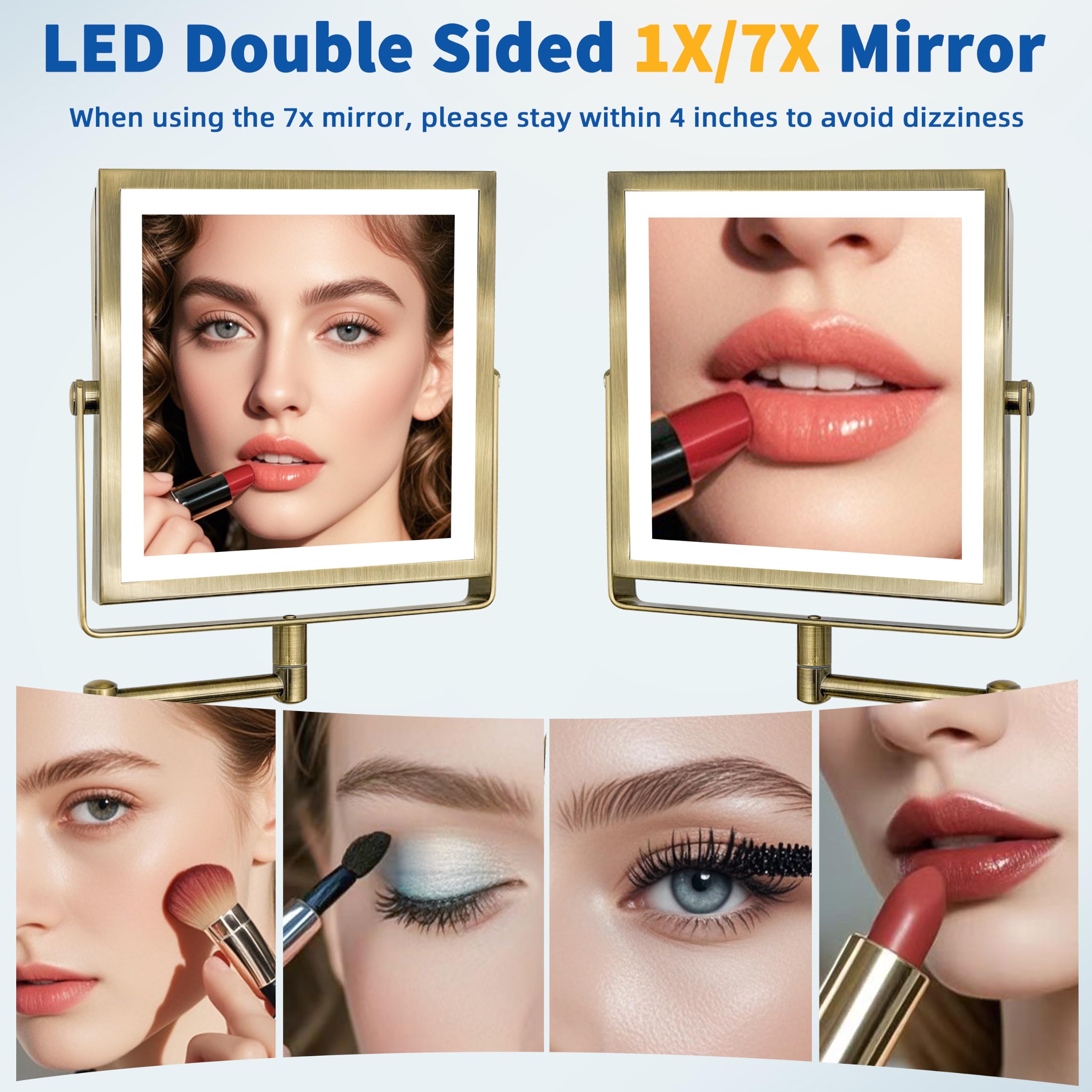 Ruacq Miroir de maquillage mural rechargeable avec lumières, miroir de courtoisie grossissant double face 1x/7x avec 3 lumières de couleur, écran tactile à intensité variable, rotation à 360° bras