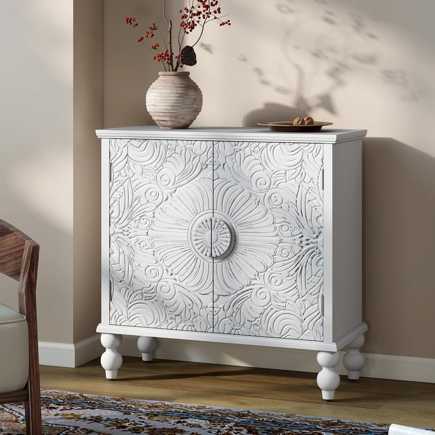 Buffet Cabinet with Storage, Accent Cabinet with 2 Carved Doors, Solid Wood Sideboard with Adjustable Shelf, Vintage Cabinets for Kitchen, Living Room, Entryway, White