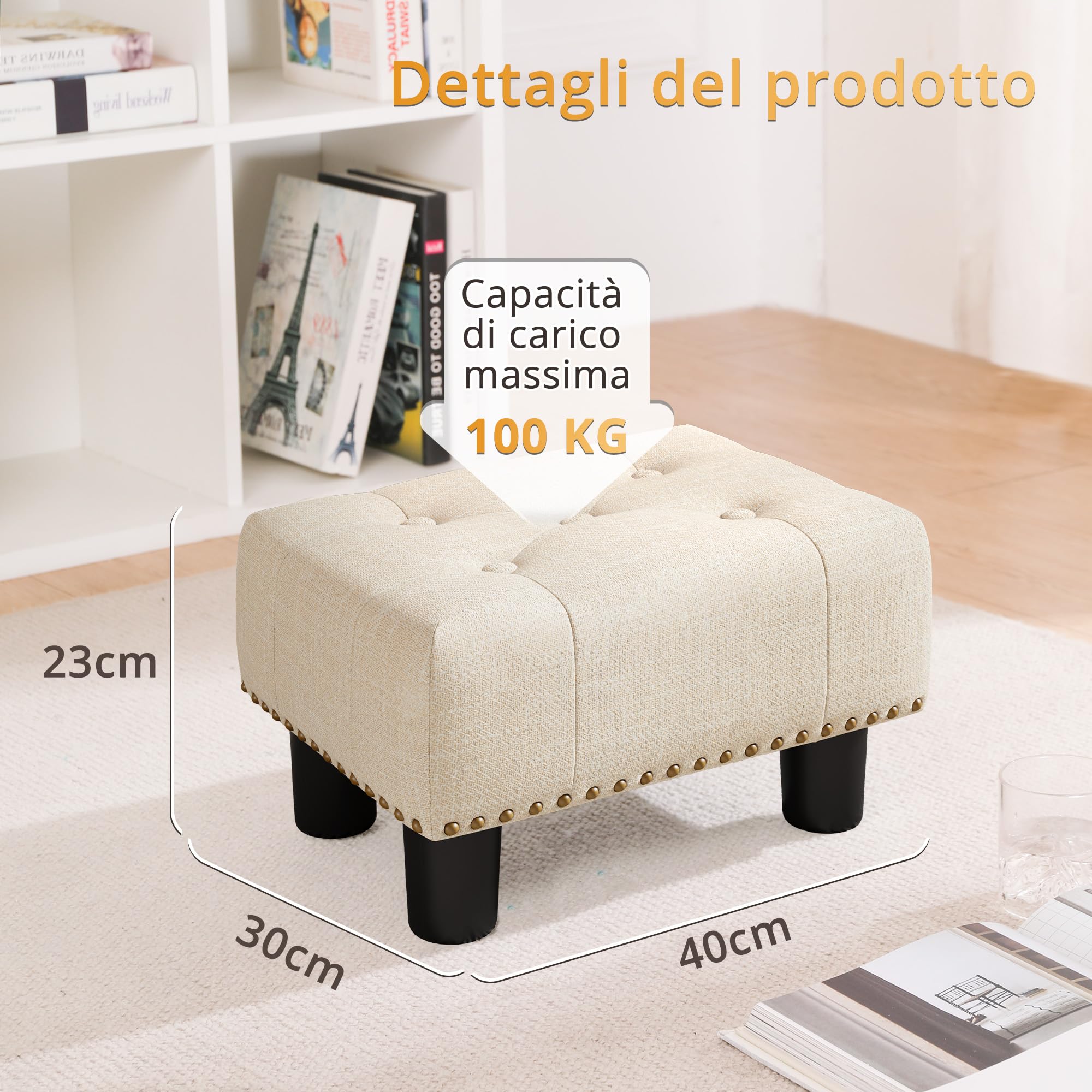 LUE BONA Pouf Poggiapiedi - Poggiapiedi Divano per Soggiorno, Camera Da Letto e Dormitorio - Sgabello Basso, Moderno, Lino, Beige