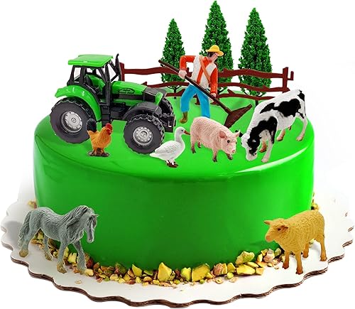 Miniatura 6 de Juego de 26 piezas de mini tractor de animales de granja con vallas de granjero, vaca, cerdo, oveja, tractor, granjero, decoración de pastel para