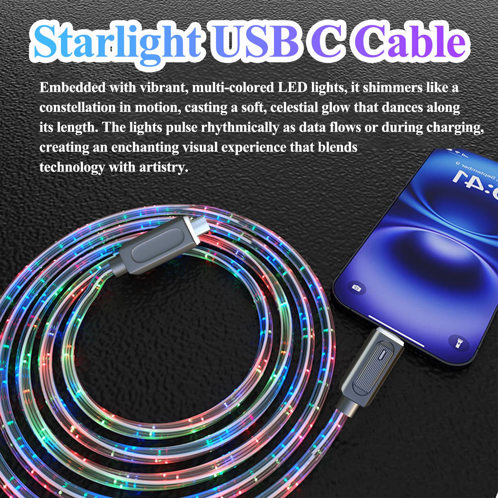 Confezione da 2 cavi USB C luminosi da 2 m, multicolore cielo stellato, da