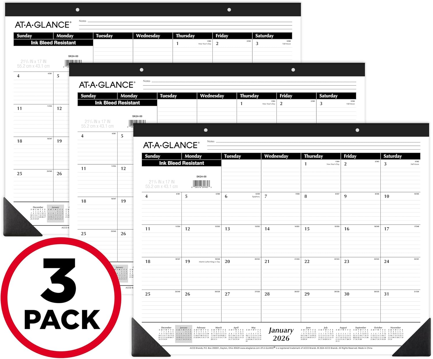 AT-A-GLANCE 2026 Desk Calendar, Desk Pad, Monthly, 21-3/4" x 17", Large, Ruled Blocks, 3 Pack (AZSK240026) 2026 New Edition 3 Pack