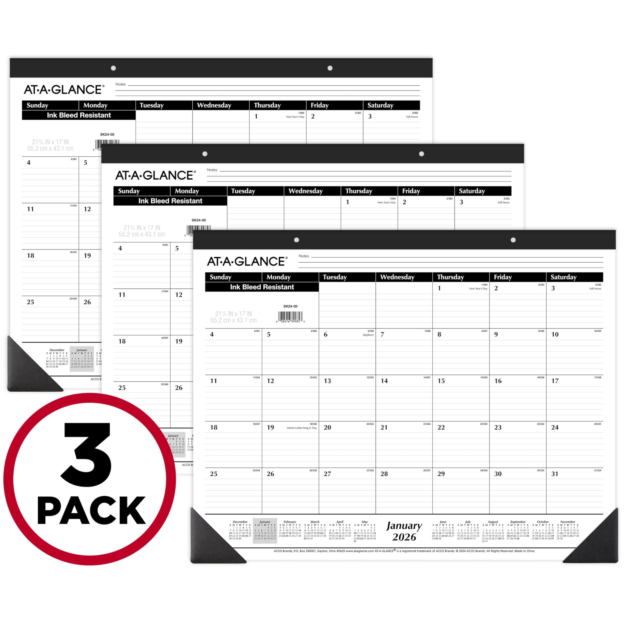 AT-A-GLANCE 2026 Desk Calendar, Desk Pad, Monthly, 21.75" x 17", Large, Ruled Blocks, 3 Pack (AZSK240026)