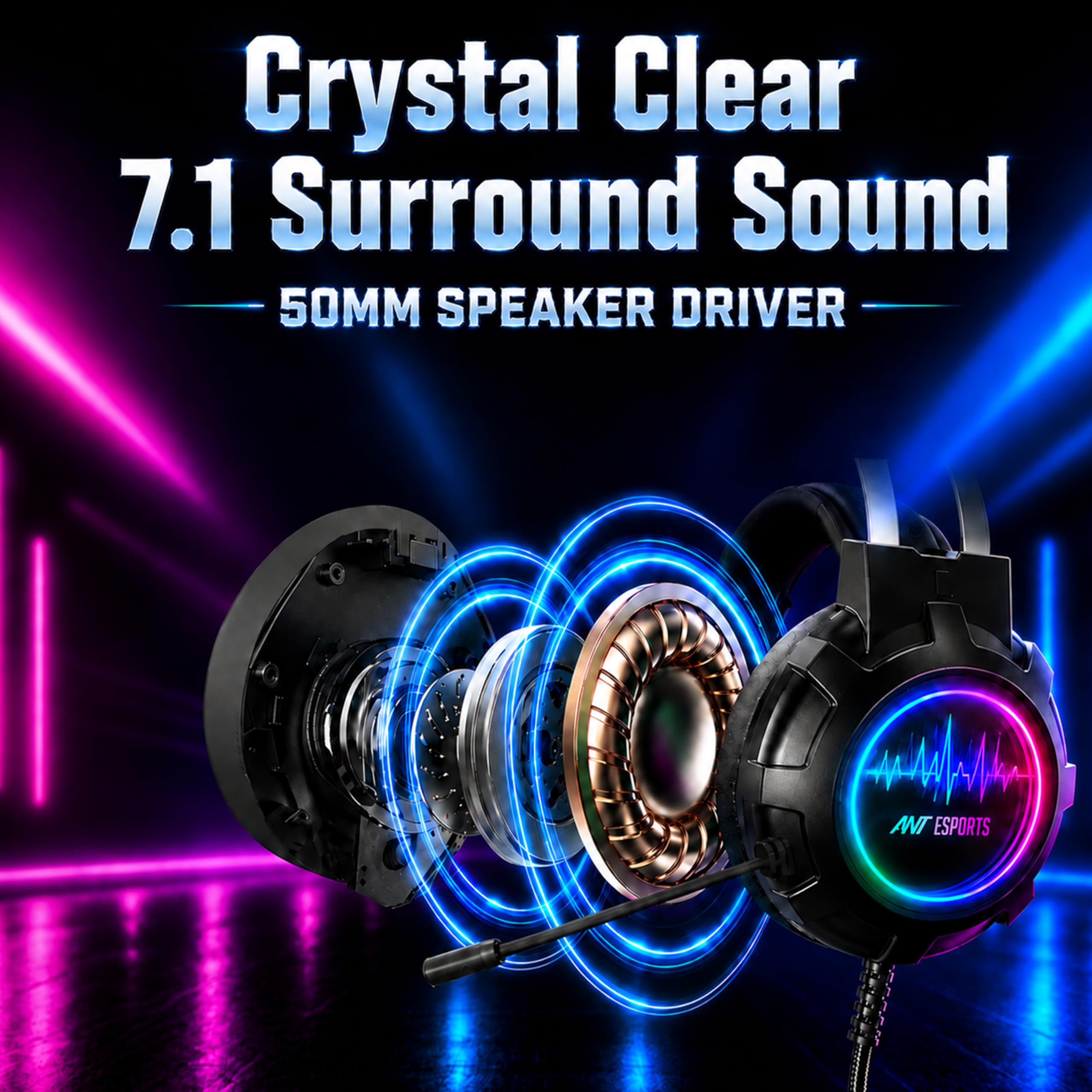 Ant Esports H950 Pro Wired Gaming Headset for PC, Xbox, PS4 & PS5, 7.1 USB Surround Sound Wired Headphones, 50mm Drivers, Mirror RGB LED, Omnidirectional Mic & Noise Isolating Ear Cups – Black — Amazon image 4