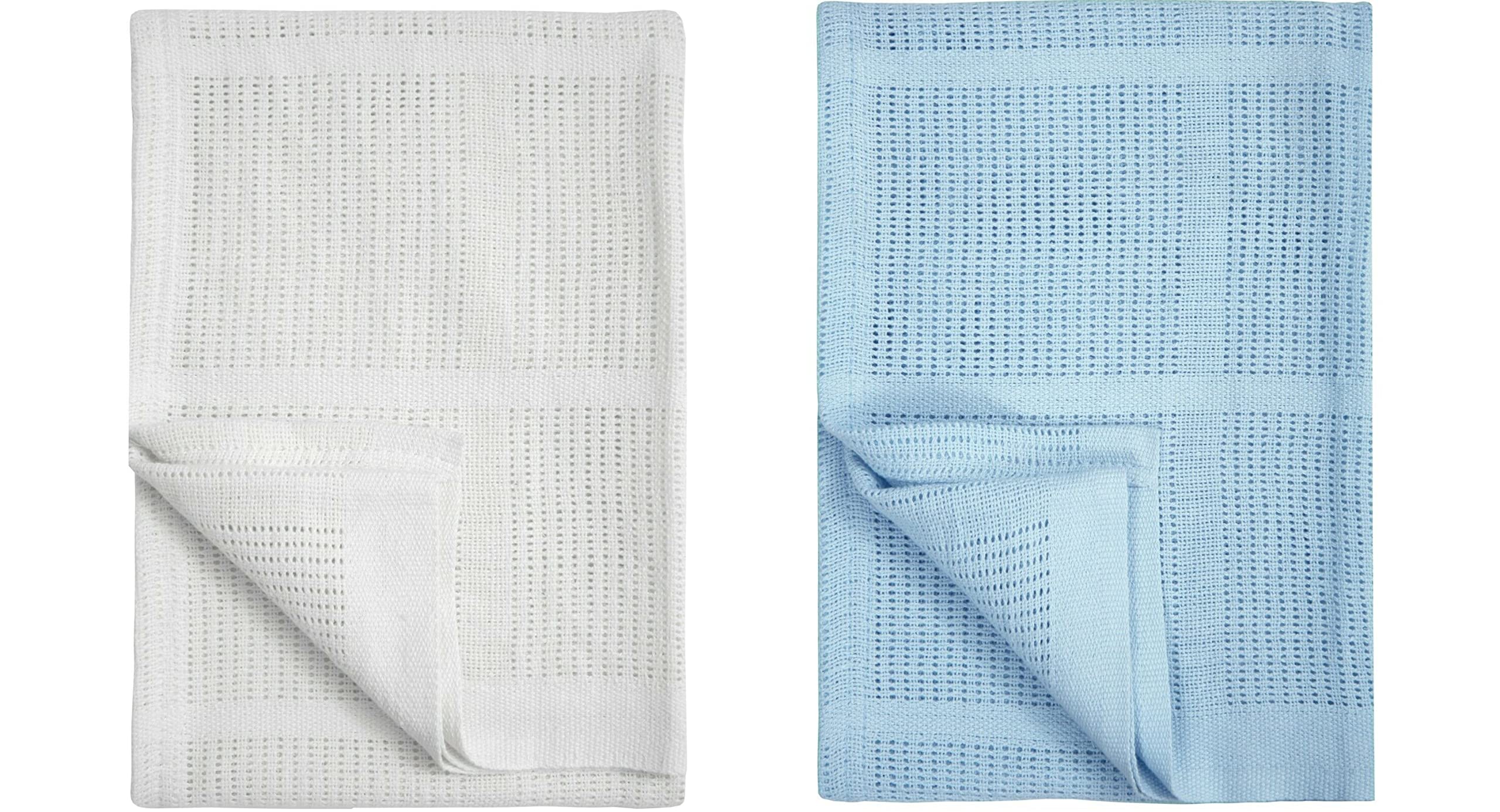 Pack of 2 Newborn Baby Girl Boy Unisex Extra Soft Light Weight Cellular Blankets| 100% Cotton Machine Washable| Fits for Moses Basket Pram Crib Travel Car Home| 70 X90 CM Value Pack (White & Blue)