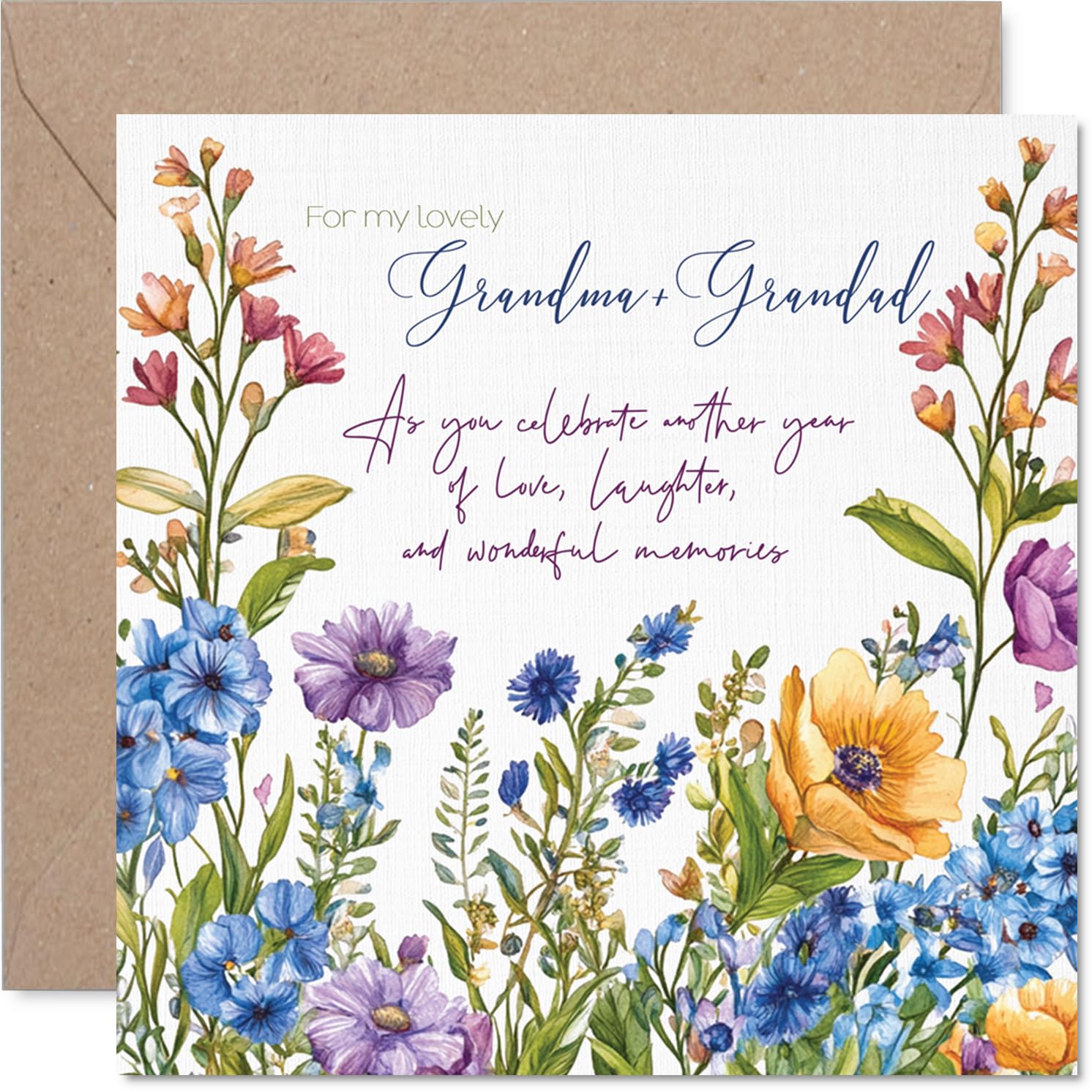 Grandma Grandad Anniversary Card - Floral Garden Flowers - Happy Wedding Anniversary Card for Grandma Grandad from Grandson Granddaughter, 145mm Anniversaries Greeting Cards