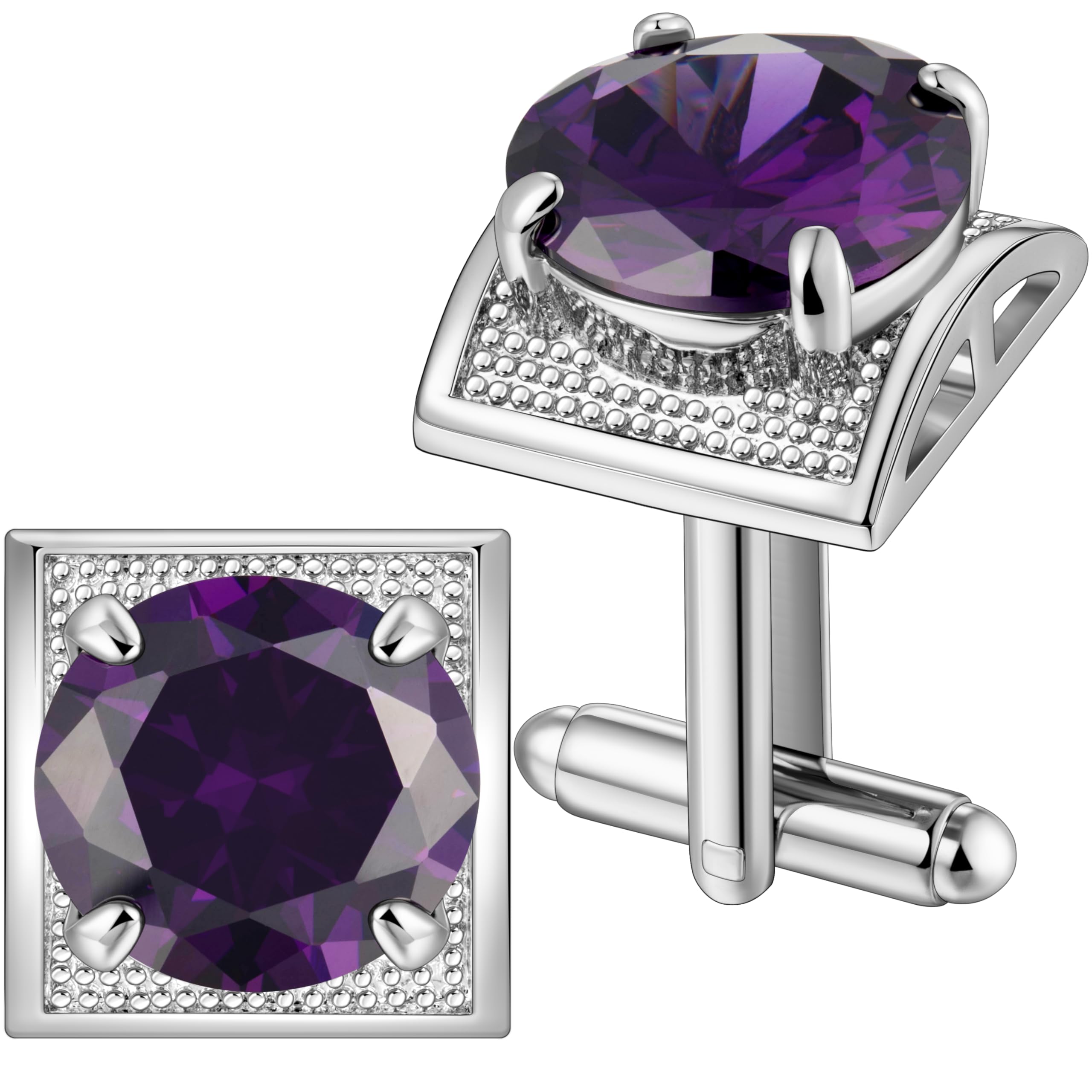 HAWSON Large Silver Birthstone Cuff Links Mens, Colorful Gem Cufflinks for Shirt Suit Accessories, Birthday Anniversary Wedding Gifts for Groommens