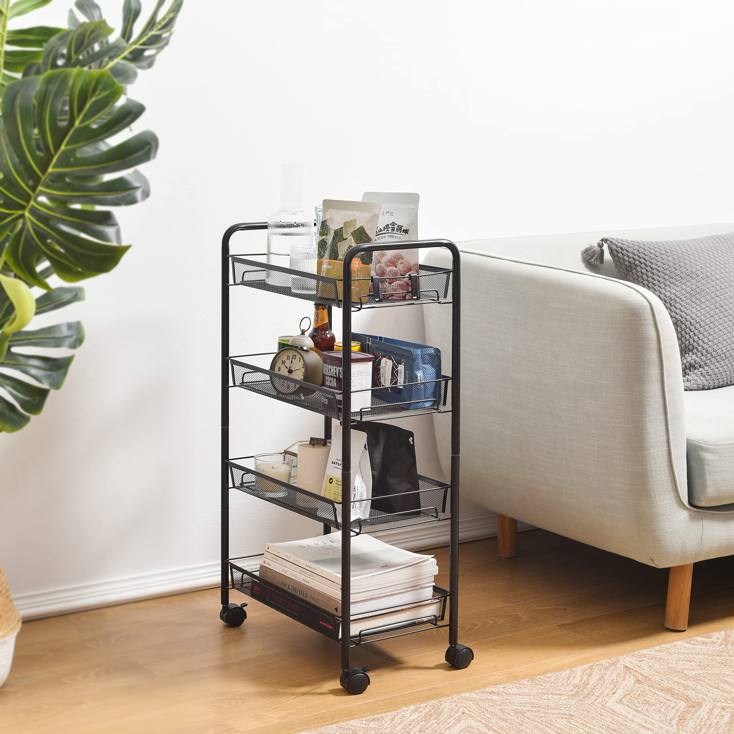 Carrello da cucina a 4 piani, in metallo, versatile, con 4 ruote libere, 4 ganci, per casa, ufficio, cucina, bagno, camera da letto (nero)