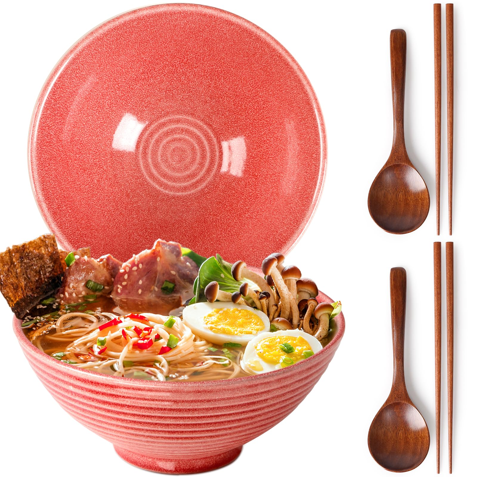NUTRIUPS 2 x 1200ml Ramenschüssel aus Keramik mit Essstäbchen und Löffeln, 20cm Bowl Schüssel Suppenschüssel Groß (Rosa)