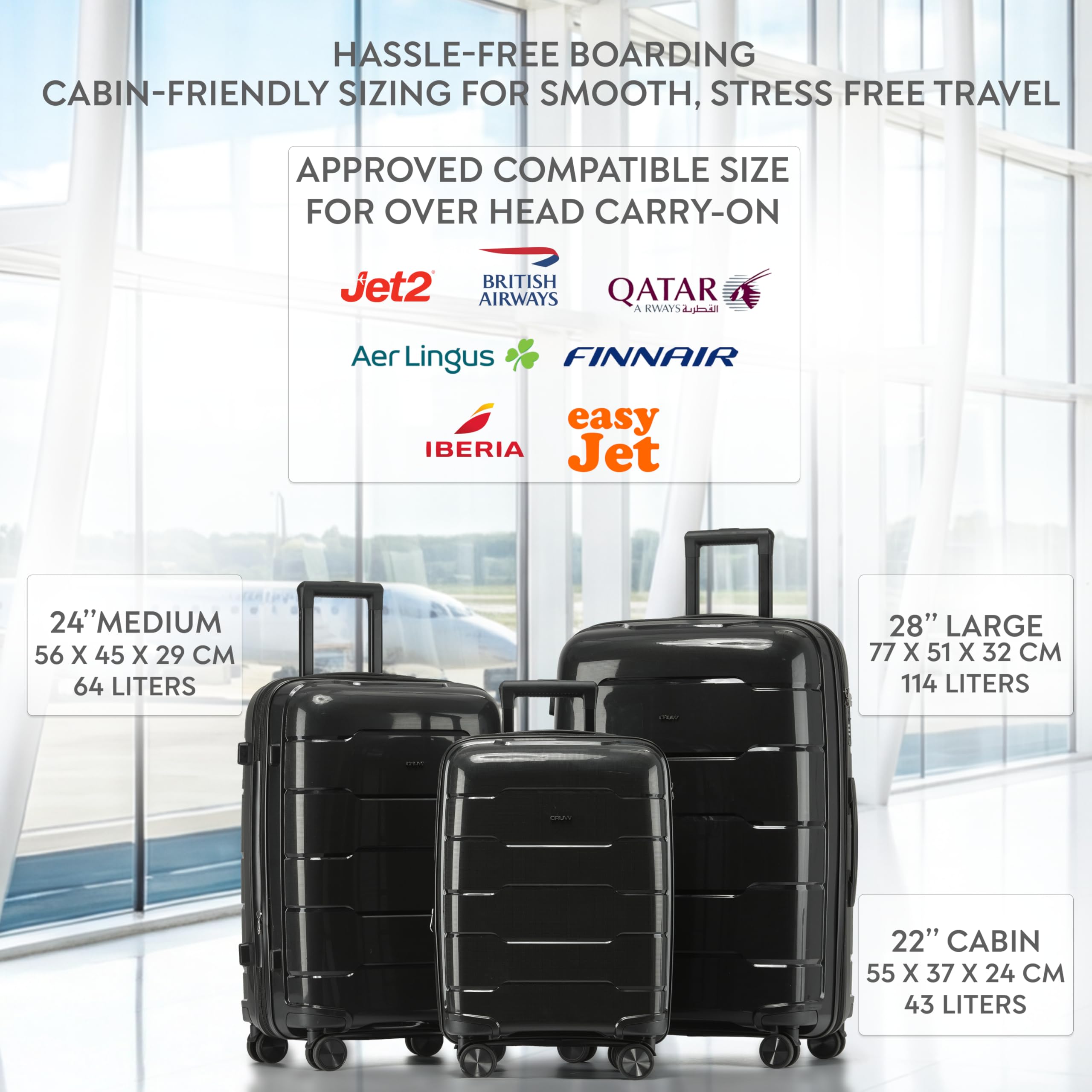 CRUW 3-Piece Luggage Set Expandable Polypropylene Suitcase Set TSA Locks 8 Silent Spinner Wheels Lightweight Nested Suitcases Travel Set easyJet British Airways Jet2 Airline-Approved Carry-On Black