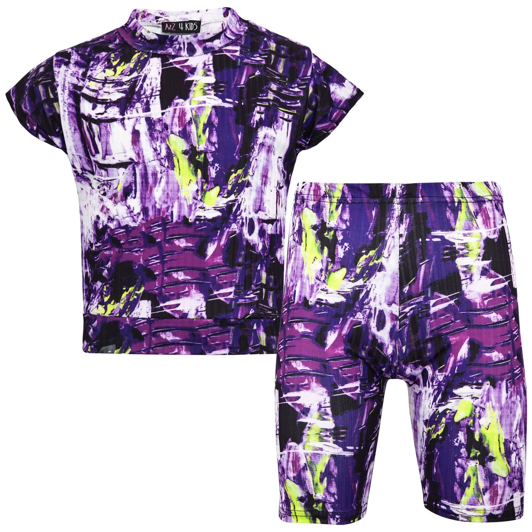 A2z 4 Kids Girls Purple Top Kids Tie Dye Print Trendy Crop Top Shorts - Tie Dye 257 Shorts Set 13