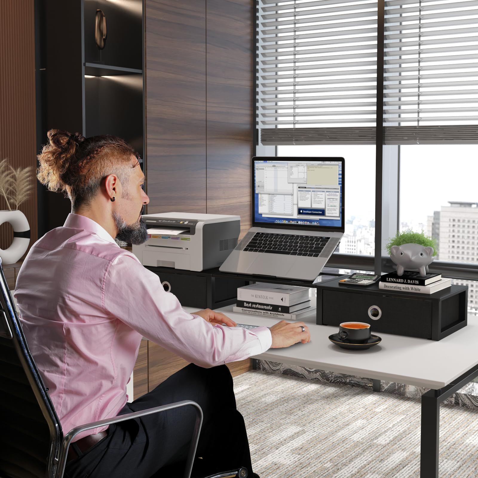 WESTREE Monitor Stand Riser with Adjustable Laptop Stand Riser, Steel Frame Dual Monitor Stand with Two Drawers for 2 Monitors, Desktop Oraganizer Stand for Computer,Laptop,Screen