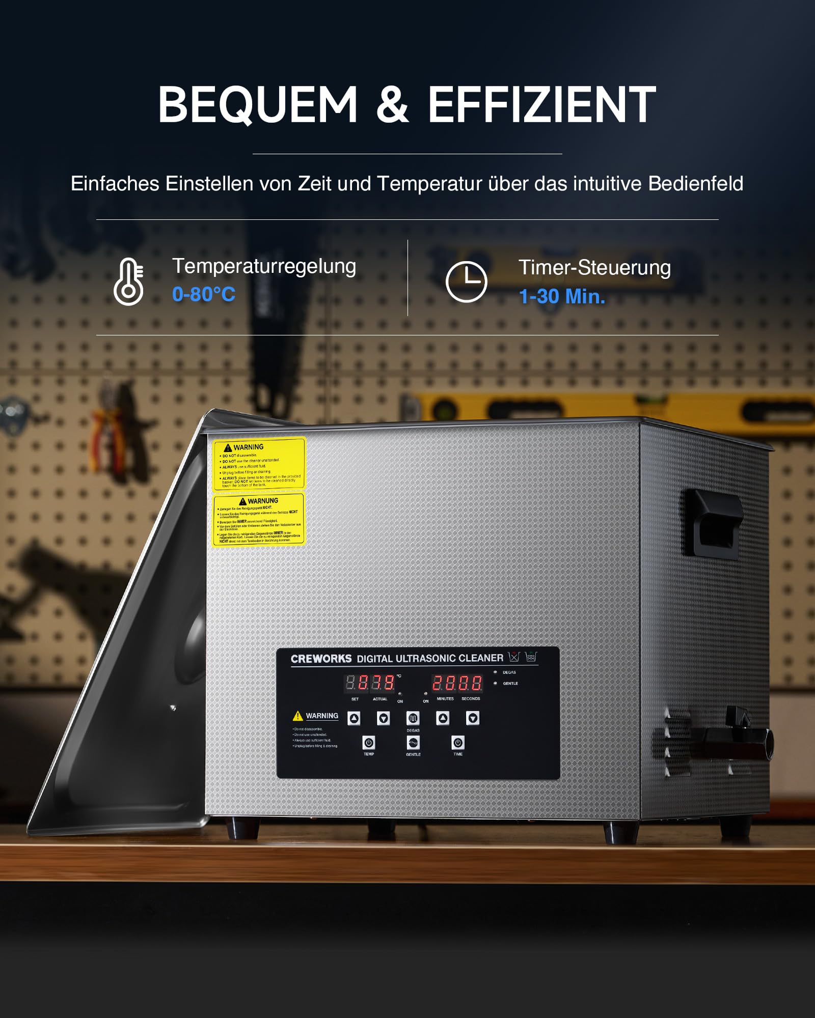 CREWORKS 15L Ultraschallreiniger Edelstahl mit Degas & Halbwellen-Funktion, 360W Ultraschallreinigungsgerät 450W Heizung, Ultraschallbad für Vergaser Motorteile Schmuck Brillen Labor