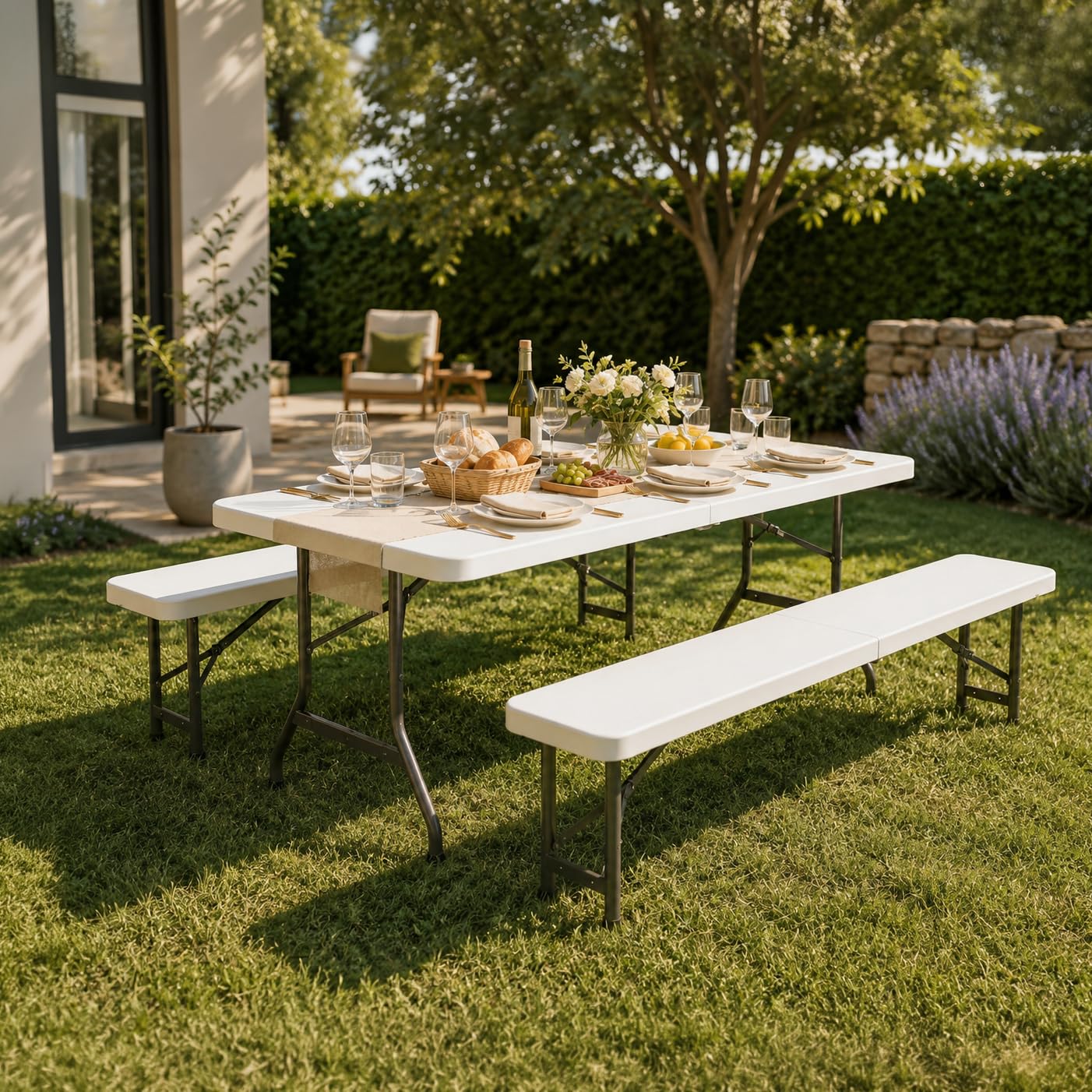 Set Mesa Plegable con 2 Bancos 180 cm, Conjunto de Jardín y Camping para 6-8 Personas, Mesa Maleta Portátil con Estructura de Acero y Superficie HDPE