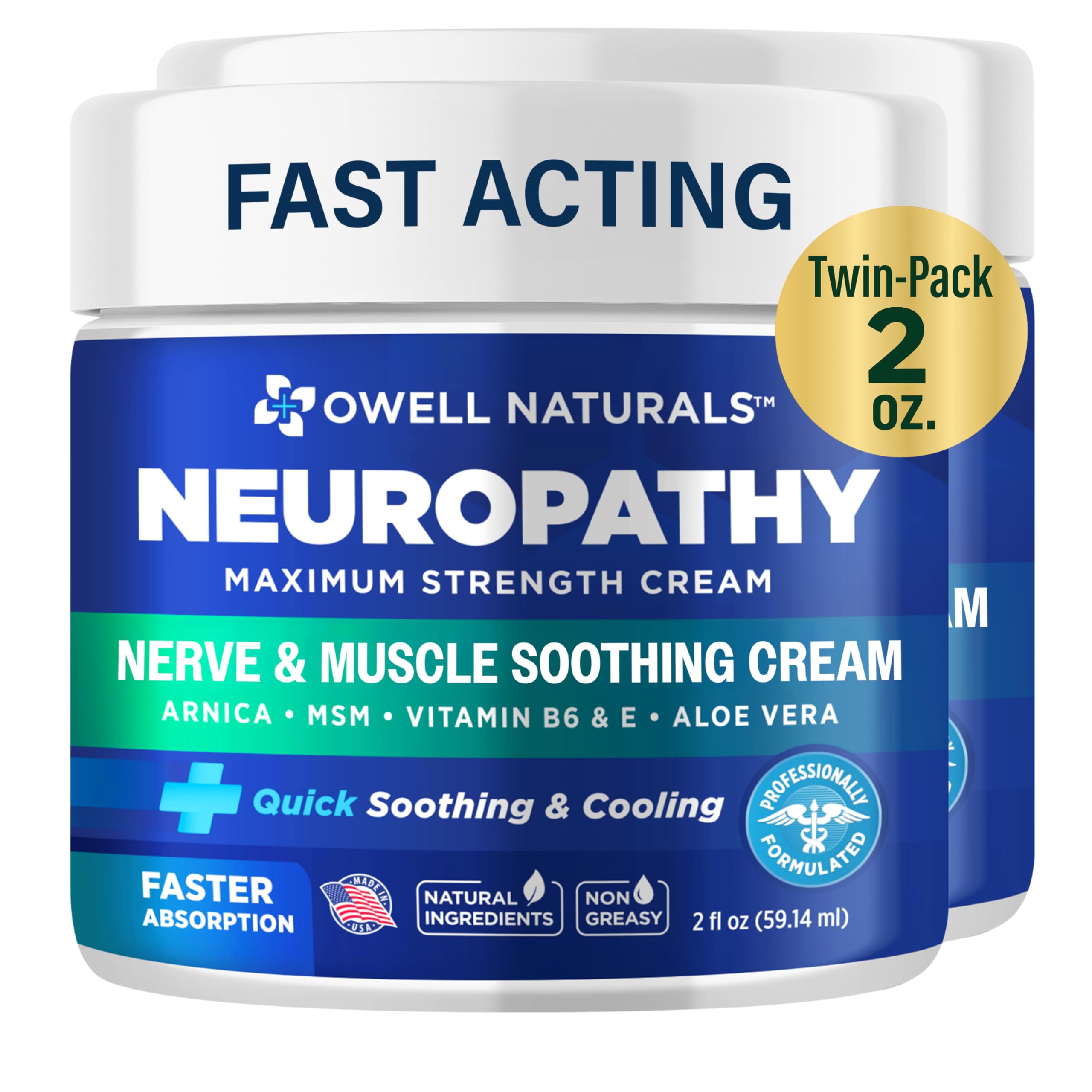OWELL NATURALS Neuropathy Nerve Cream, Maximum Strength, Non Greasy, Natural Ingredients Arnica, Aloe Vera, MSM, for Feet, Hands, Legs, Toes Discomfort, 2 Fl Oz (Pack of 2)