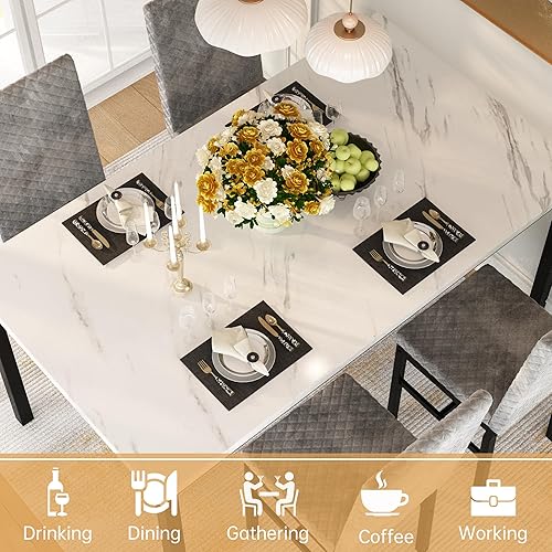 Miniatura 5 de Recaceik Juego de mesa de comedor para 4, moderno juego de mesa de comedor de 5 piezas de mármol sintético y 4 sillas tapizadas de terciopelo, juego