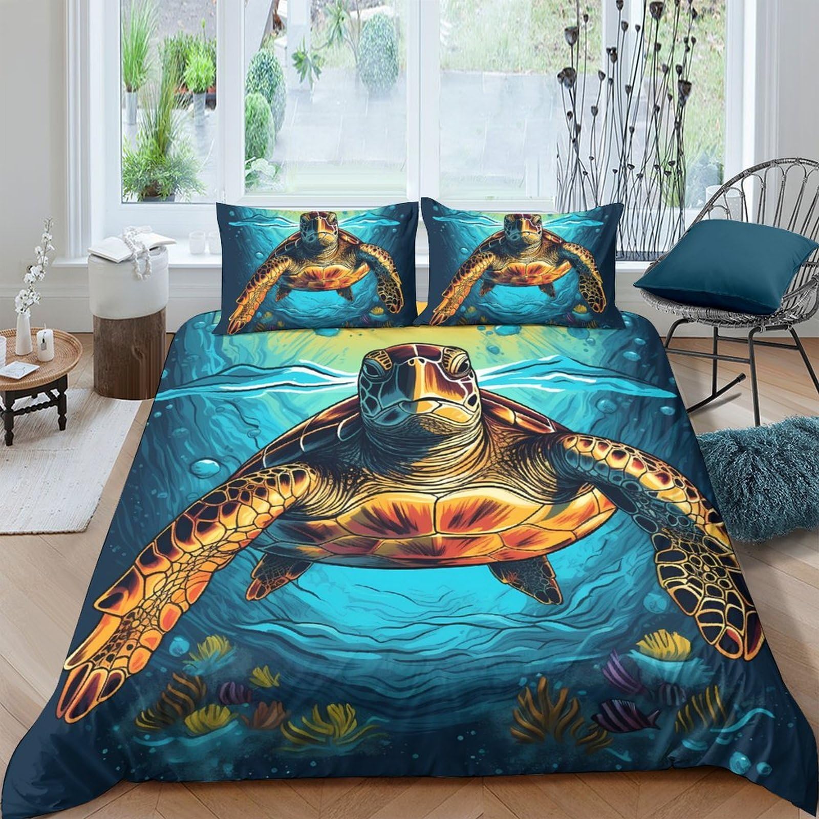 Ctjqhvkz Style-10 3D Printed Sea Turtle Ocean Blue Fitted Sheet Microfiber Soft Breathable Coral Reef Bed Cover For Bedroom Dorm Mattress Decor Single（135X200cm）